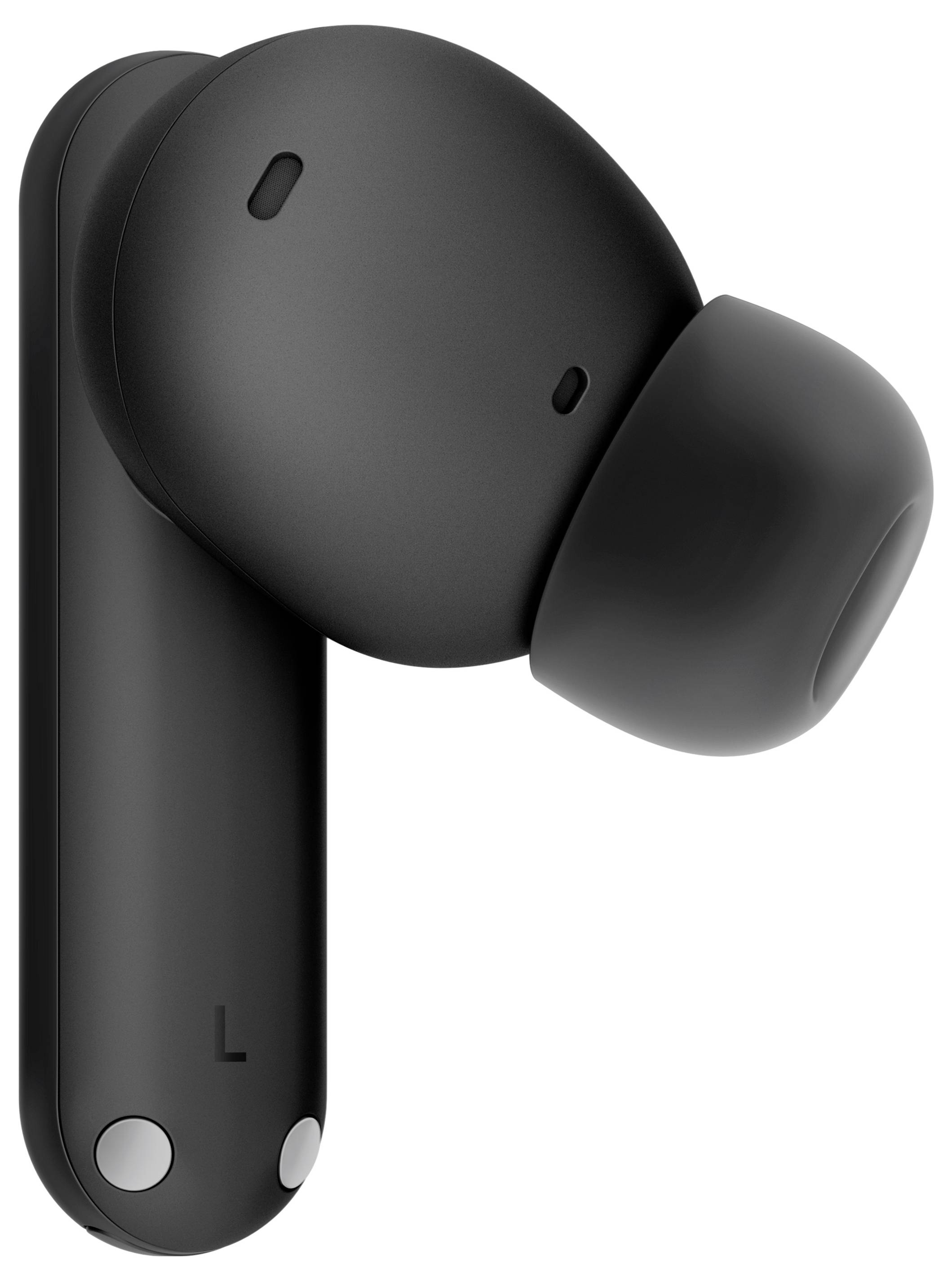 Ein einzelner schwarzer drahtloser Earbud mit ergonomischem Design, ausgestattet mit matter Oberfläche und kleinen Ladekontakten am unteren Ende.