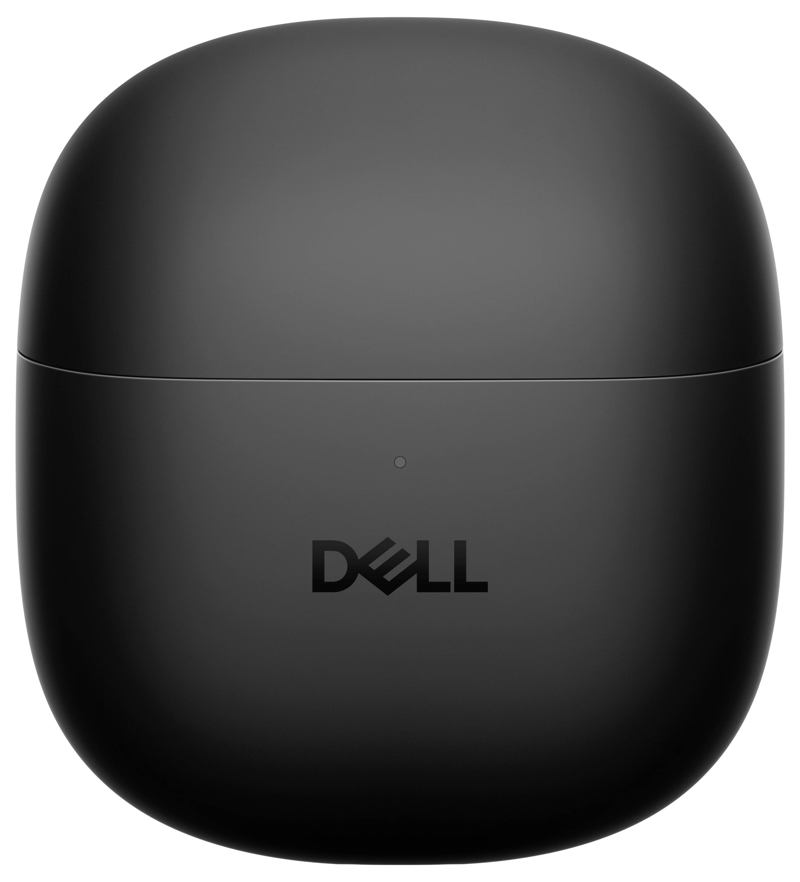 Ein schwarzes, ovales Dell-Ohrhörer-Etui mit einem zentrierten, kleinen kreisförmigen Indikatorlicht und dem Dell-Logo darunter.