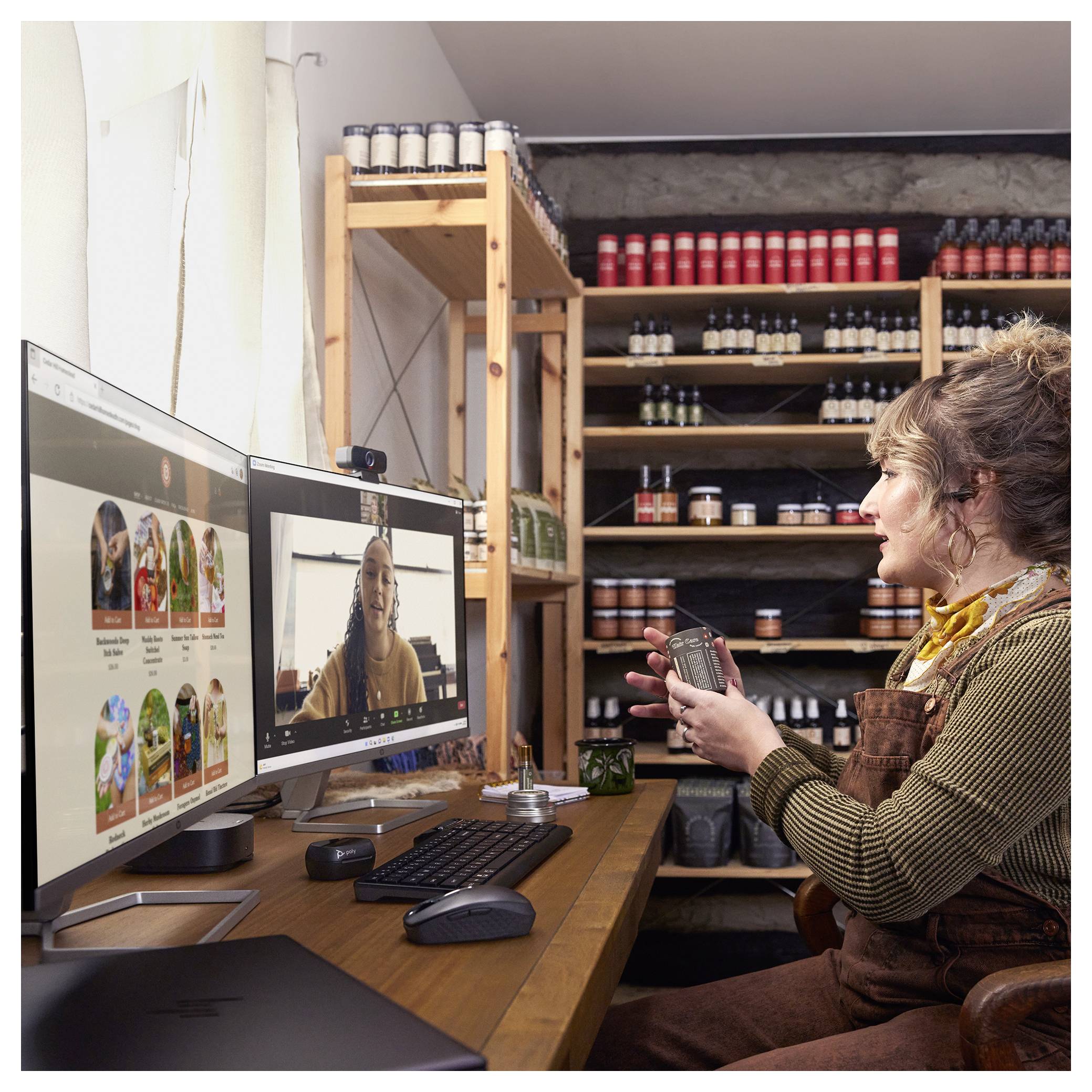 Person in einem Workshop-Videokonferenz-Setup mit Dual-Monitor. Regale mit Gläsern im Hintergrund. In einem Gespräch vertieft.