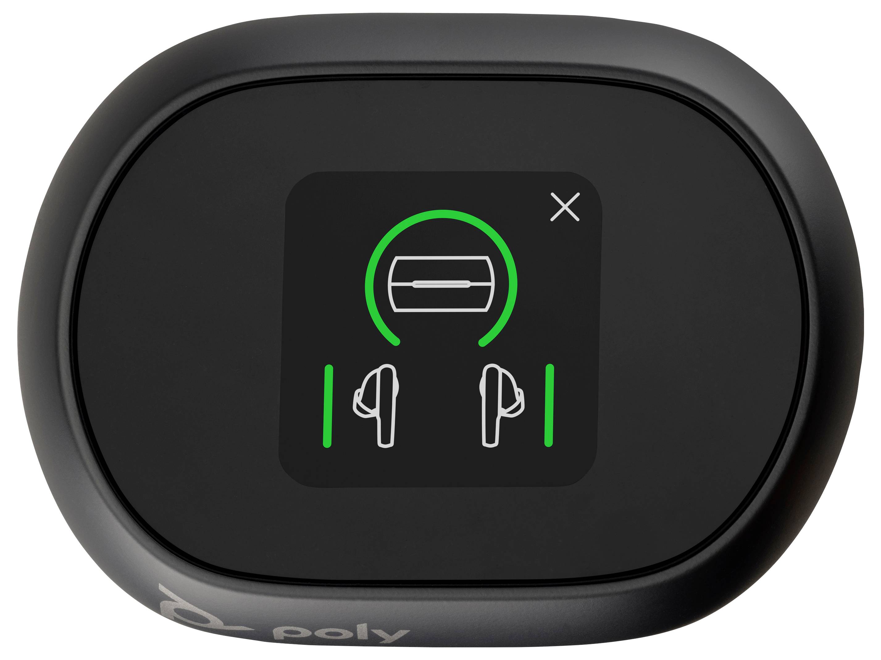 Eine schwarze ovale Ladehülle zeigt ein digitales Display mit einem grünen Ladeicon für Ohrhörer. Das Display enthält Icons von Ohrhörern und einer Batterie.