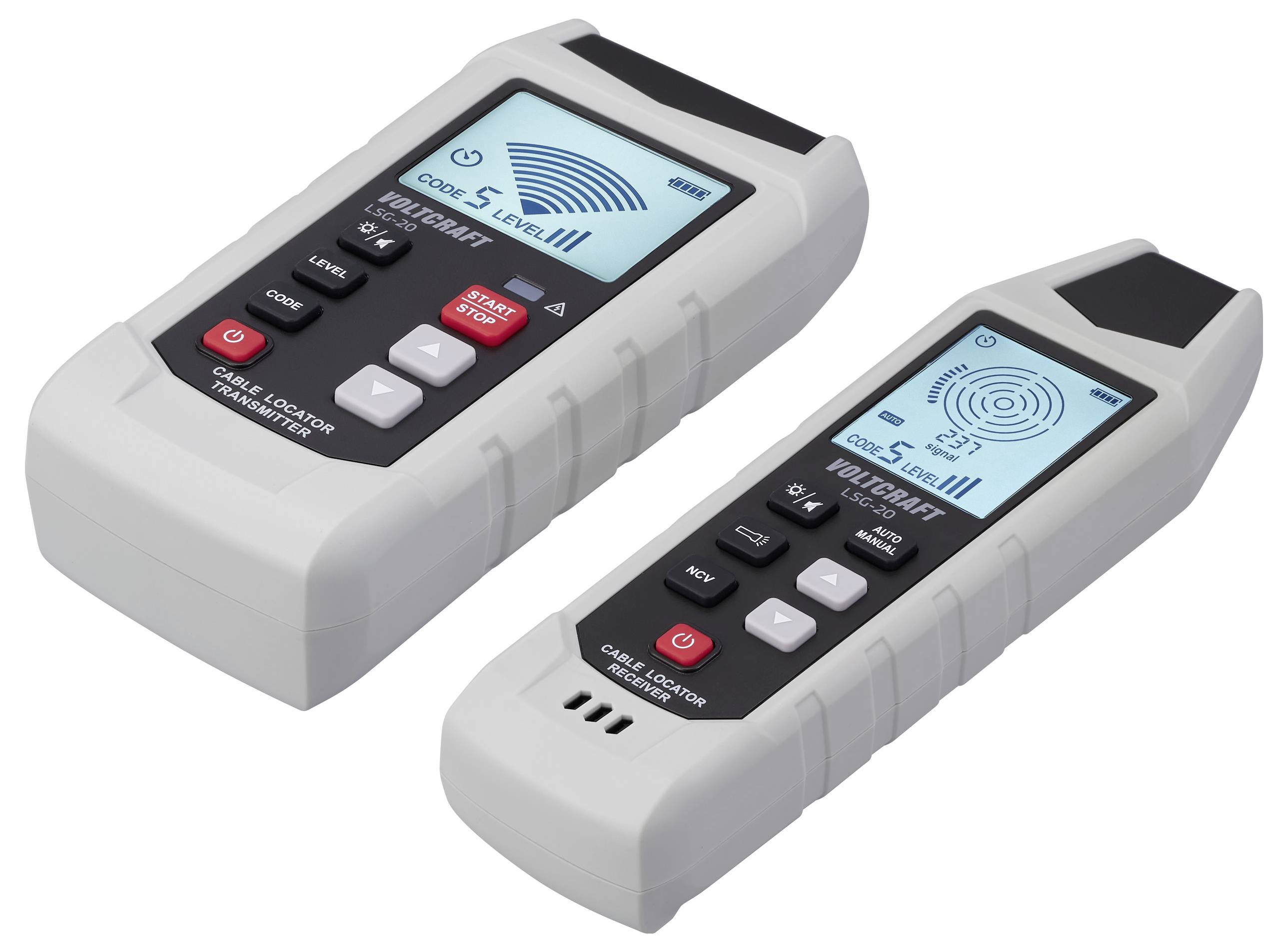 Zwei elektronische Geräte mit Displays, Tasten und Indikatoren, die zur Kabelortung und Signaldetektion verwendet werden und 