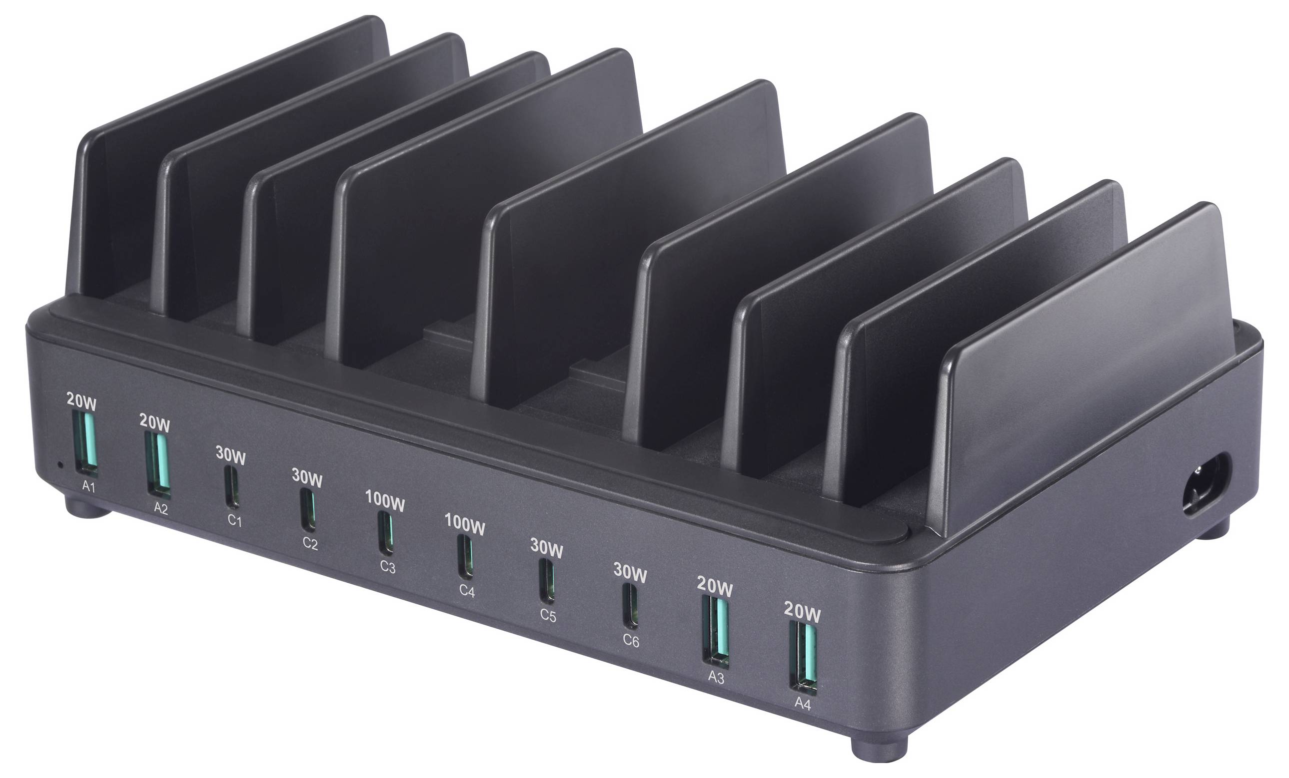 Schwarze Multi-Port-USB-Ladestation mit zehn Anschlüssen, die jeweils unterschiedliche Leistungsausgaben für das gleichzeitige Laden mehrerer Geräte unterstützt.