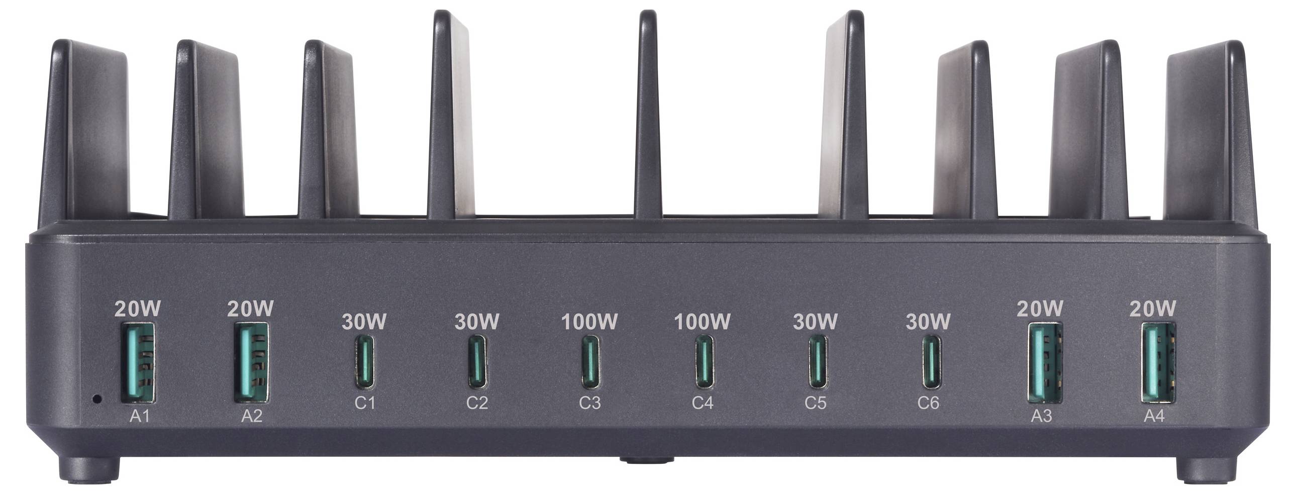 Eine Multi-Port-Ladestation mit acht USB-Anschlüssen, gekennzeichnet von A1 bis C4, mit unterschiedlichen Leistungsausgaben zwischen 20W und 100W.