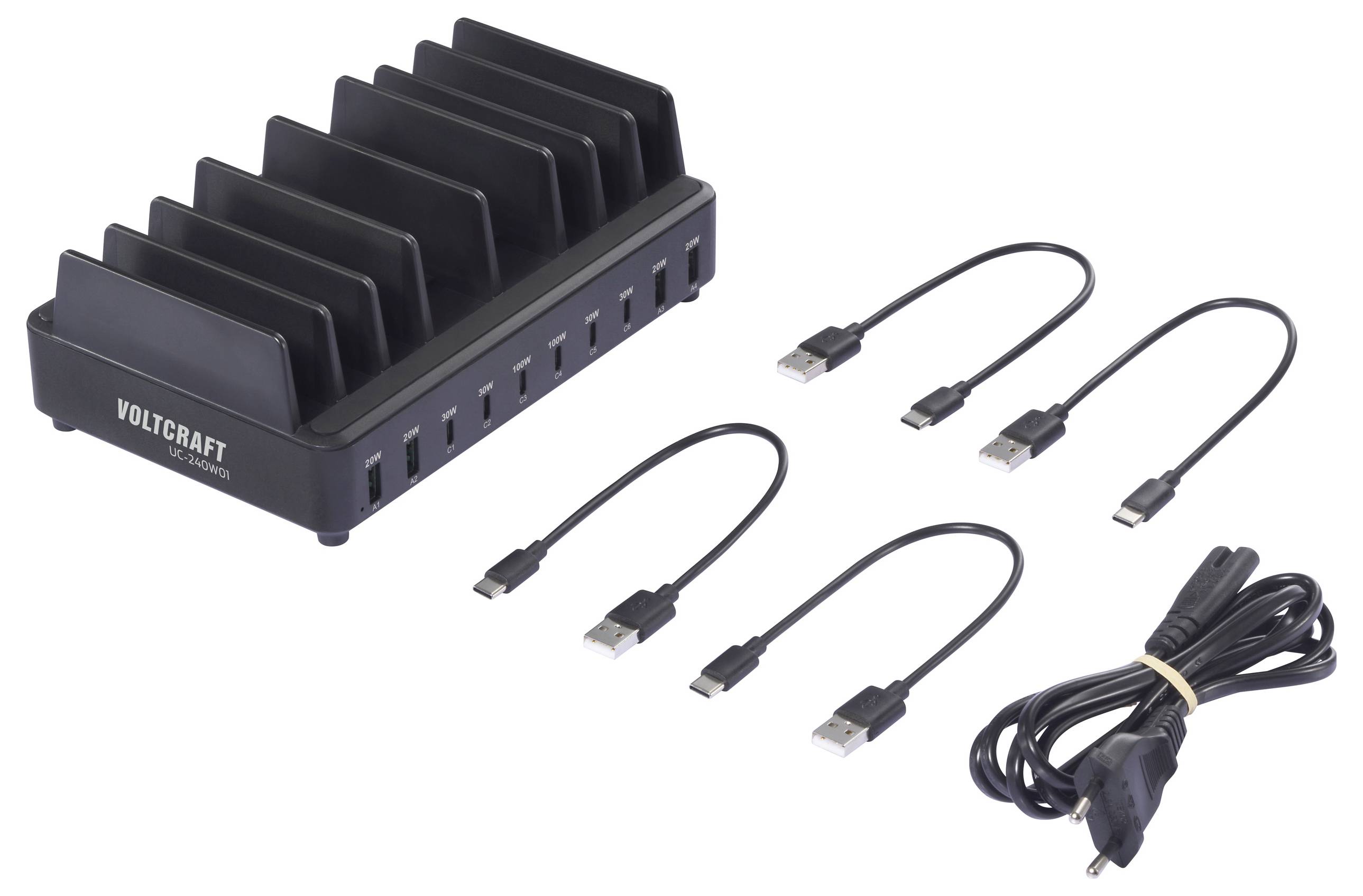 Eine schwarze USB-Ladestation mit Mehrfachport und sieben Anschlüssen, vier USB-Kabeln und einem Netzkabel. Geeignet zum Laden mehrerer Geräte.