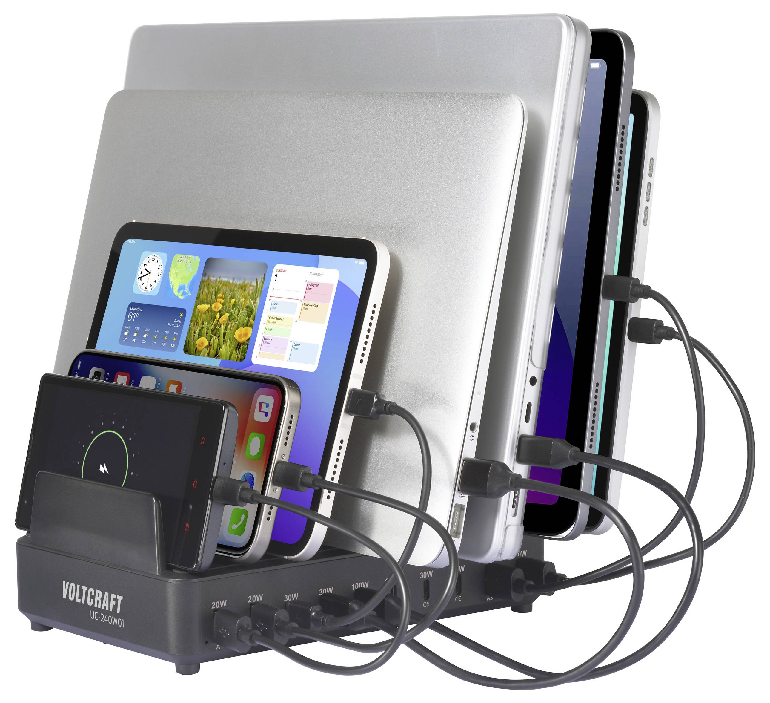 Voltcraft UC-10ACQ Ladestation mit mehreren Geräten: Laptops, Tablets und ein Smartphone, alle zum Laden angeschlossen.