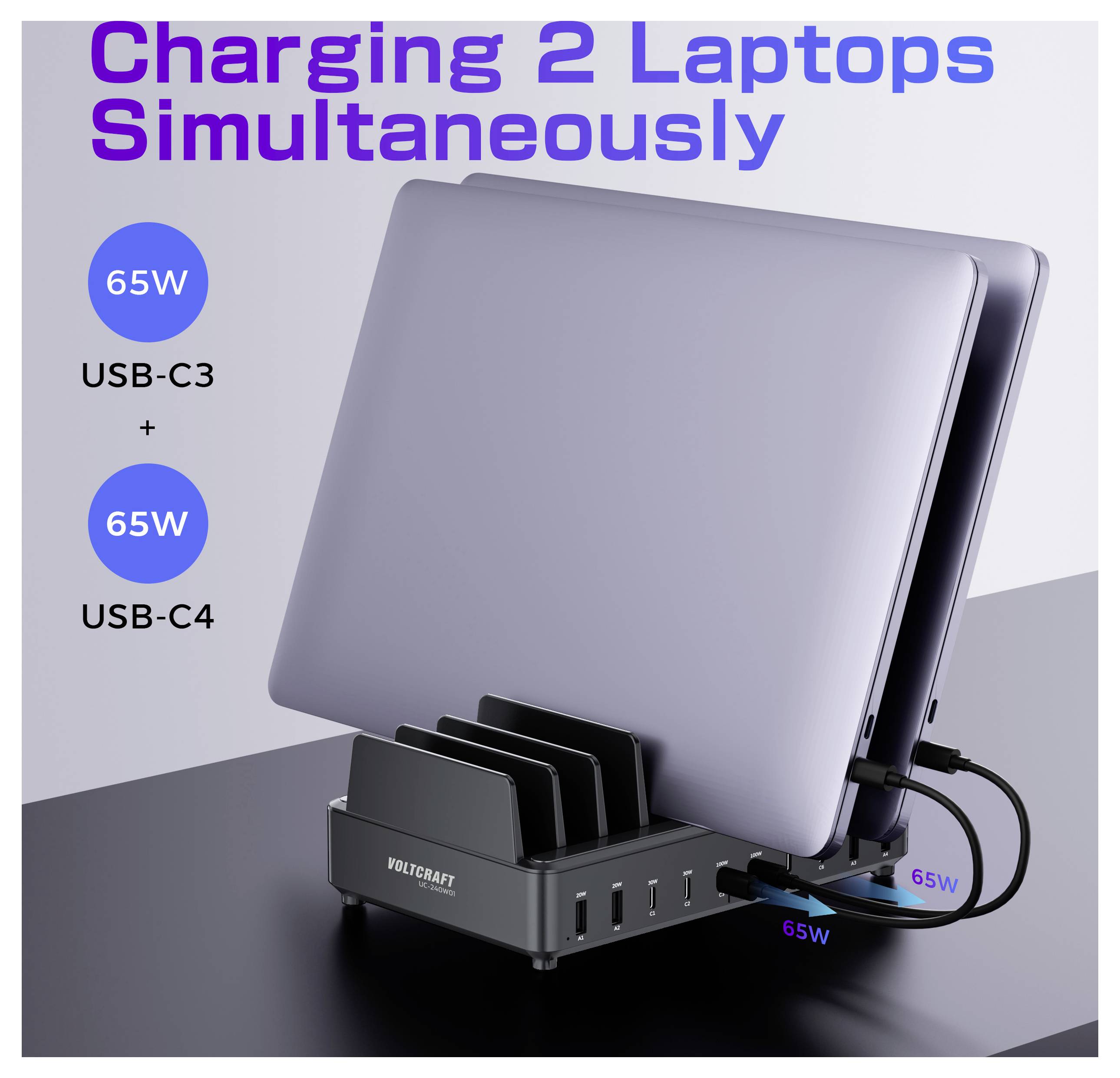 Bild zeigt zwei Laptops, die gleichzeitig auf einem Dock geladen werden. Text: Gleichzeitiges Laden von 2 Laptops. Anschlüsse: USB-C3 und USB-C4, jeweils 65W.