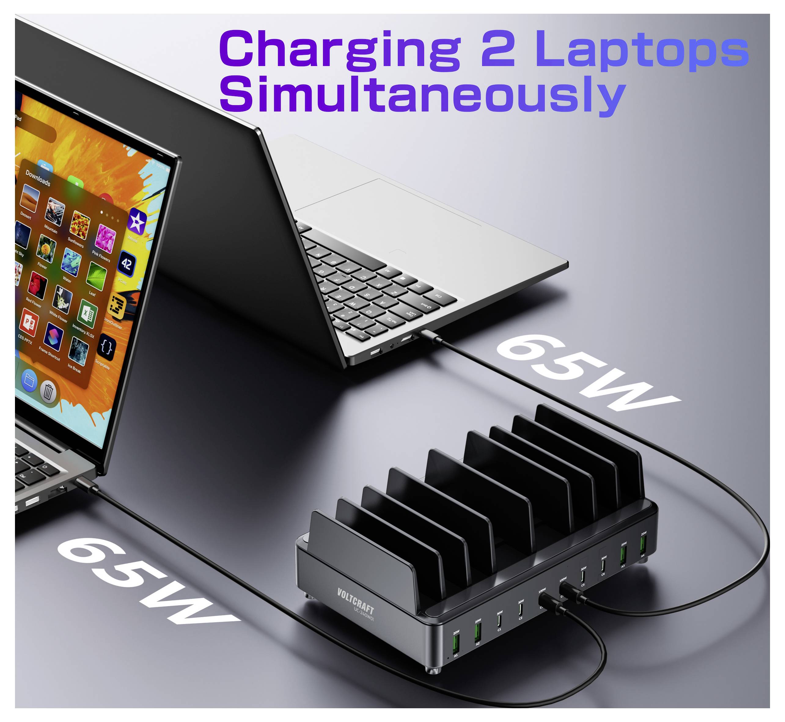 Duales Laptop-Ladegerät mit zwei Laptops, die an einer Ladestation angeschlossen sind, wobei jedes Gerät 65 Watt Leistung erhält, mit dem Text ‚Gleichzeitiges Laden von 2 Laptops'.
