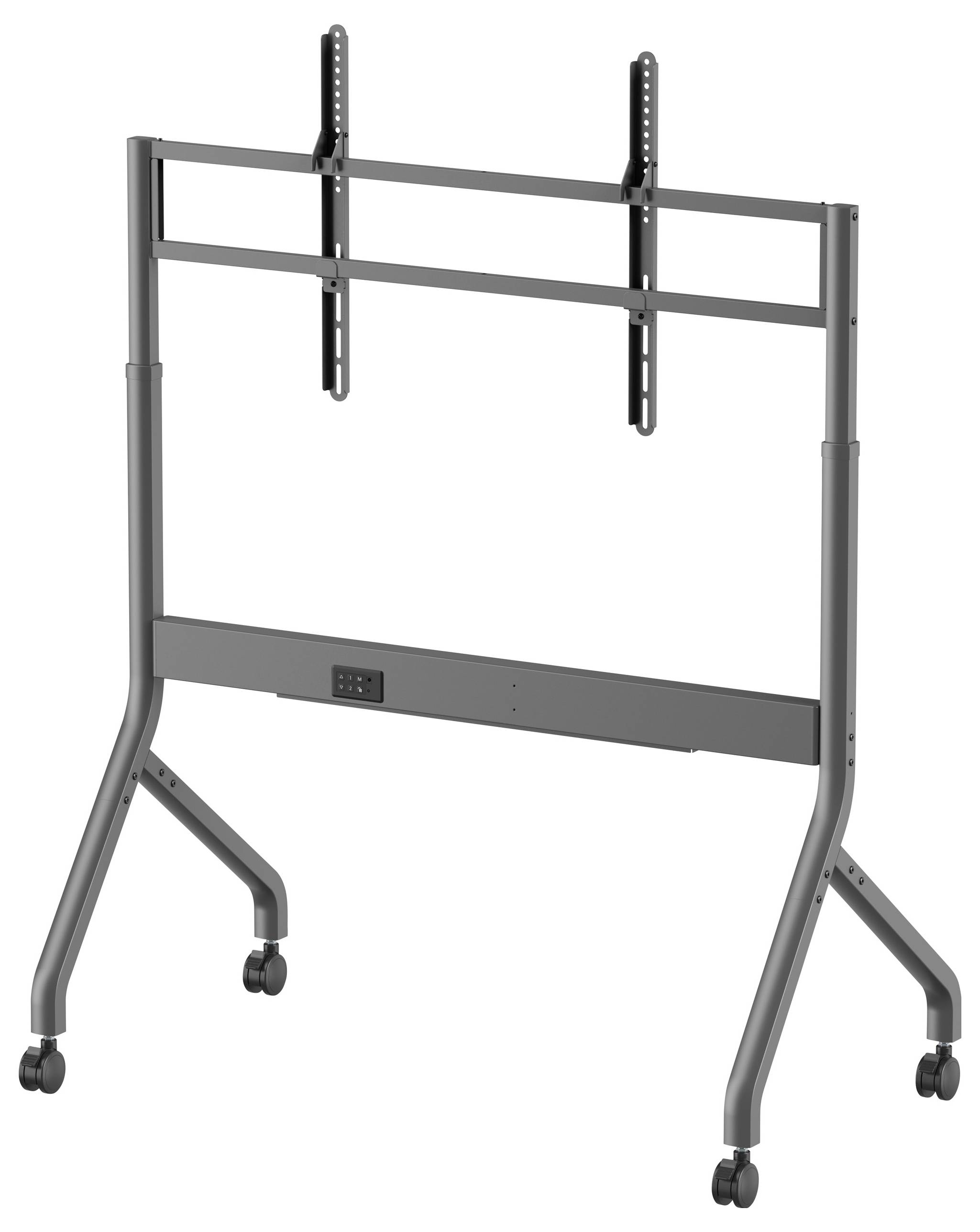 Ein mobiler Fernseher-Ständer auf Rollen mit Halterungen zum Anbringen eines Flachbildschirms. Geeignet für Präsentationen oder Ausstellungszwecke.