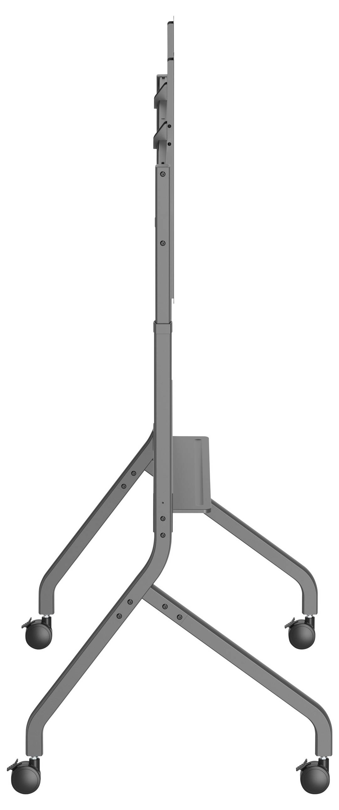 Eine Seitenansicht eines grauen, mobilen Ständers mit Rollen, der entwickelt wurde, um einen Flachbildschirm oder Monitor zu stützen, wobei seine schlanke Kontur und Beinstruktur zu sehen sind.