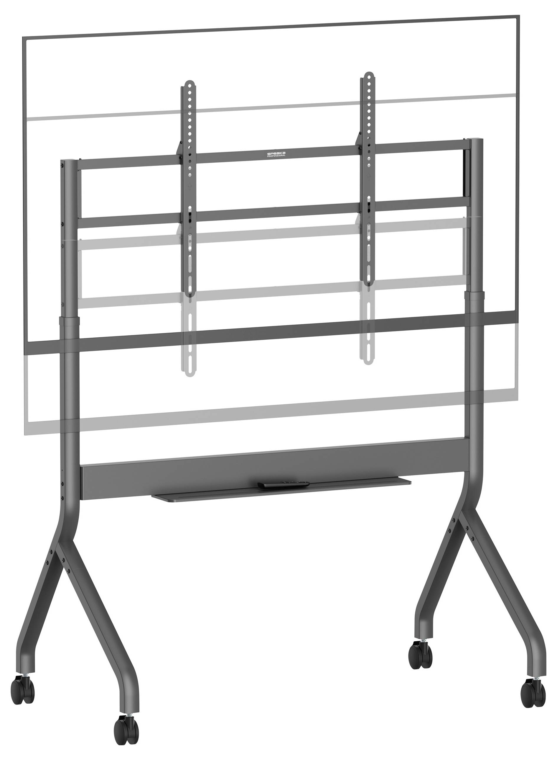 Mobiler TV-Ständer mit Rollen, höhenverstellbare Halterung und Ablage für Bildschirme, dargestellt mit skizzierter Bildschirmumrisskontur zur Veranschaulichung.