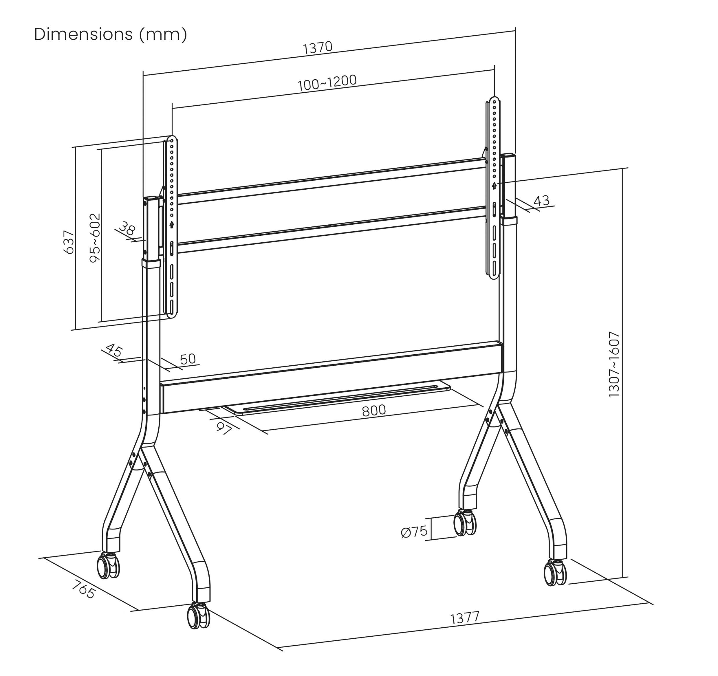 Mobile-Ständer Abmessungen: Höhe 1307-1607mm, Breite 1370mm, Tiefe 637-1377mm. Höhenverstellbar, Breitenbereich 100-1200mm, Raddurchmesser 75mm.