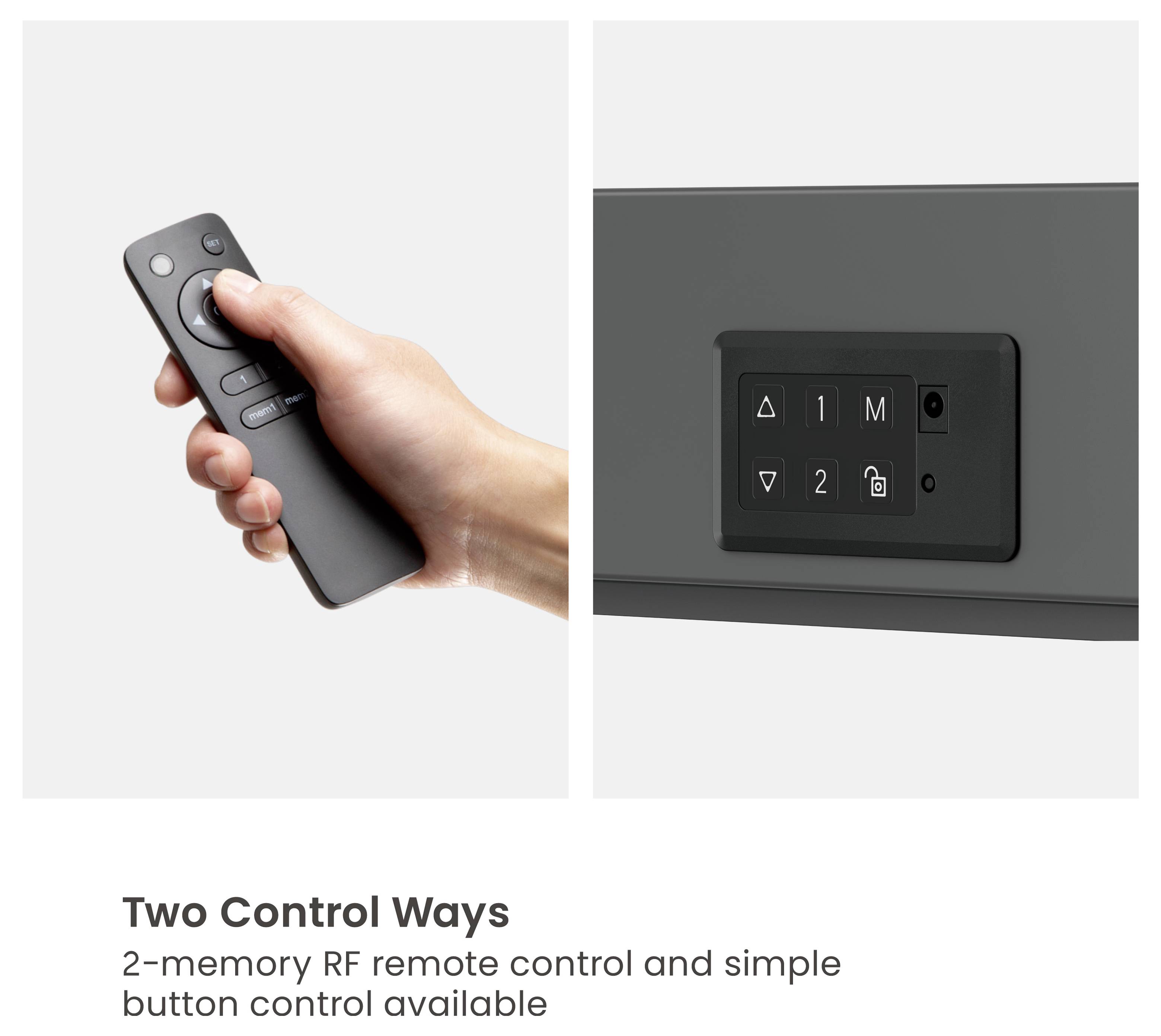 Eine Hand hält eine Fernbedienung mit Tasten. In der Nähe ein Bedienfeld mit Dreieck-, Schloss- und Speichersymbolen. Text: Zwei Steuerungsmöglichkeiten, Fernbedienung und Tastensteuerung verfügbar.