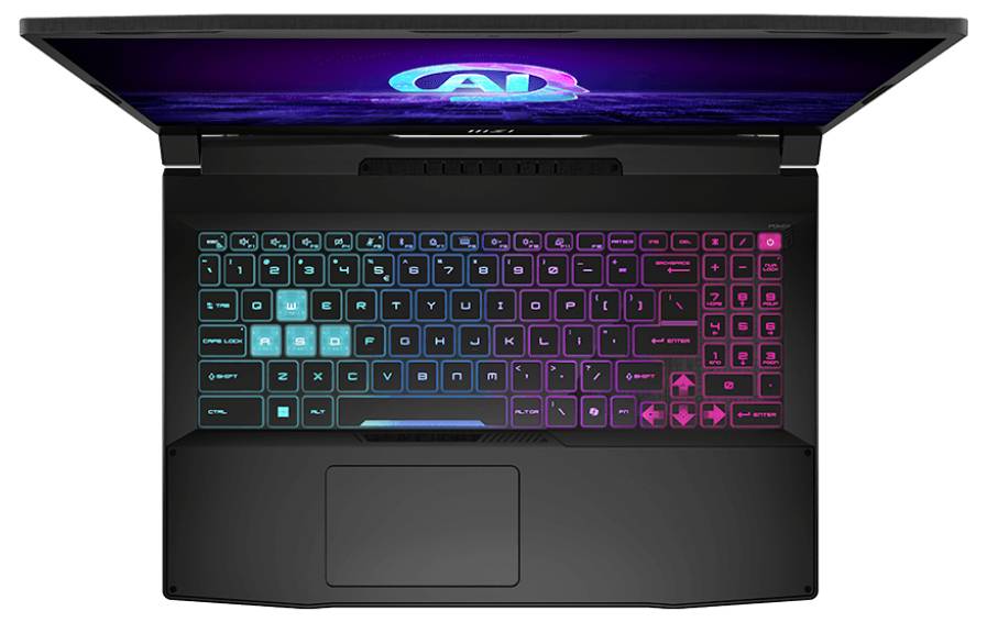 Ein schwarzer Laptop mit geöffnetem Deckel zeigt eine farbenfrohe beleuchtete Tastatur in einem Farbverlauf von Blau bis Rosa. Auf dem Bildschirm ist ein leuchtendes 