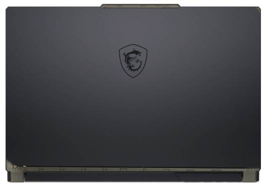 Ein geschlossener Laptop mit einem schwarzen Deckel, auf dem in der Mitte ein Drachenemblem prangt.
