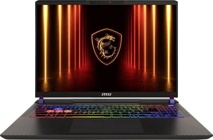 Ein schwarzer Laptop, auf dessen Bildschirm ein Drachenemblem zu sehen ist, mit roten und orangefarbenen vertikalen Lichtbalken. Die Tastatur verfügt über eine mehrfarbige Hintergrundbeleuchtung.