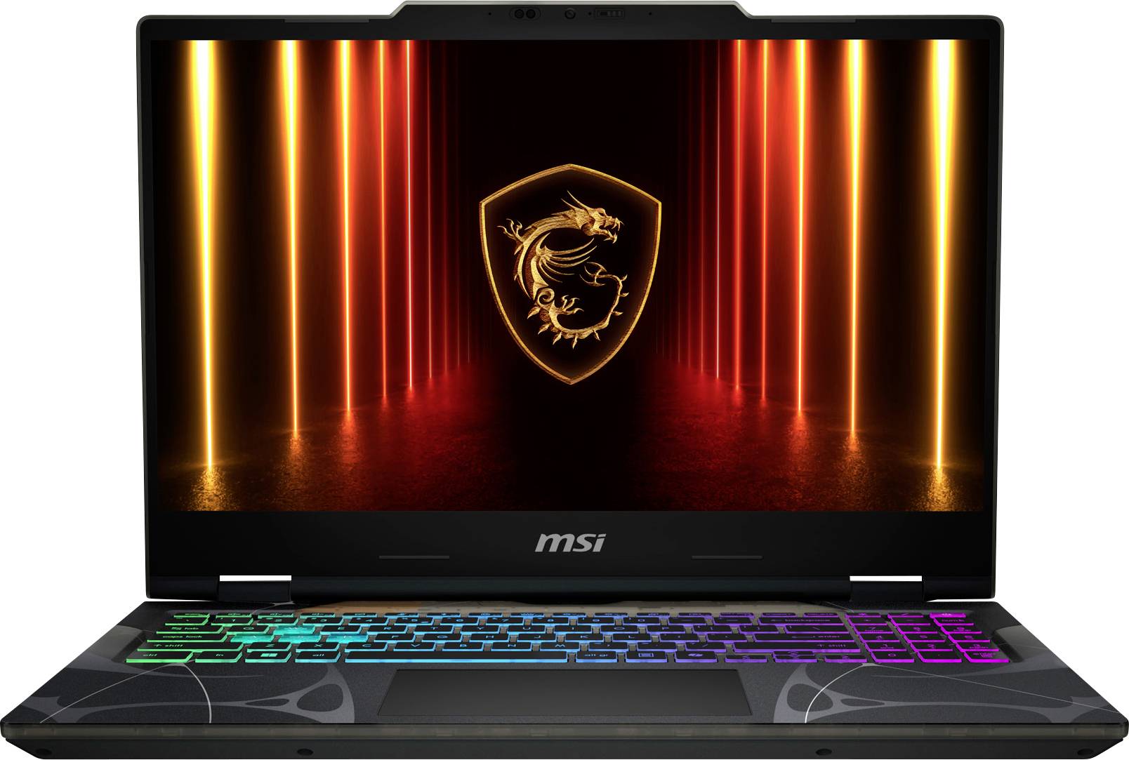 Ein Gaming-Laptop mit einer farbenfroh hinterleuchteten Tastatur zeigt ein Drachen-Logo auf dem Bildschirm, umgeben von glühenden orangefarbenen Linien.