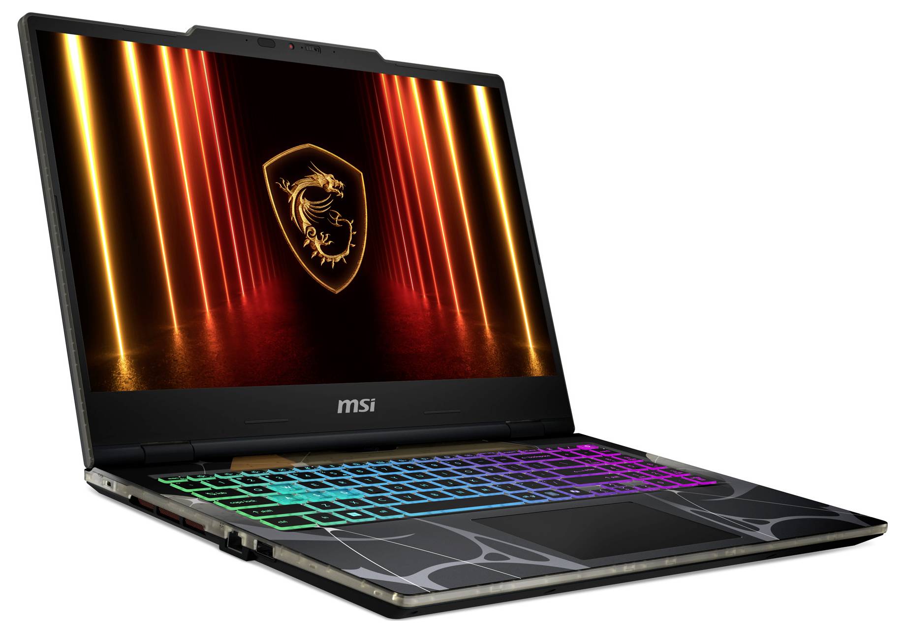 Ein schlankes Gaming-Laptop mit einem Drachen-Logo auf dem Bildschirm, mit einer regenbogenfarbig beleuchteten Tastatur, schräg geöffnet auf einem weißen Hintergrund.