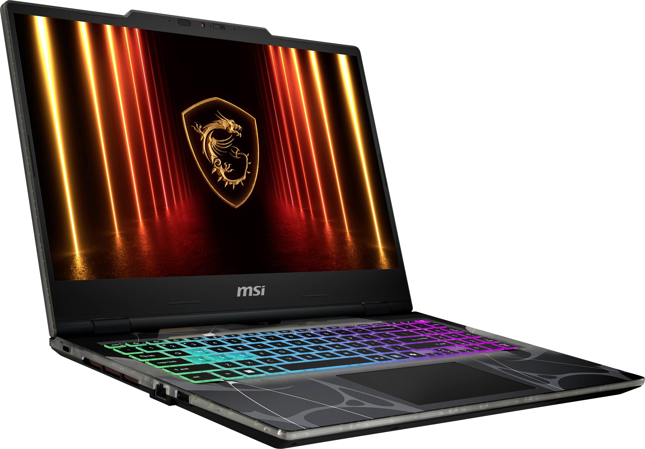 Ein Gaming-Laptop mit einer farbenfrohen beleuchteten Tastatur und einem Drachen-Emblem auf dem Bildschirm, vor einem orangefarbenen Hintergrund.