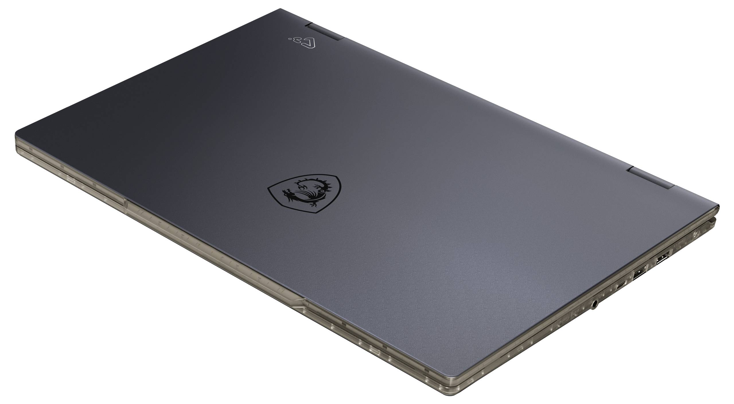 Ein schlanker, geschlossener Gaming-Laptop mit einem Logo auf dem Deckel, ausgestattet mit kantigen Kanten und einem schmalen Design.