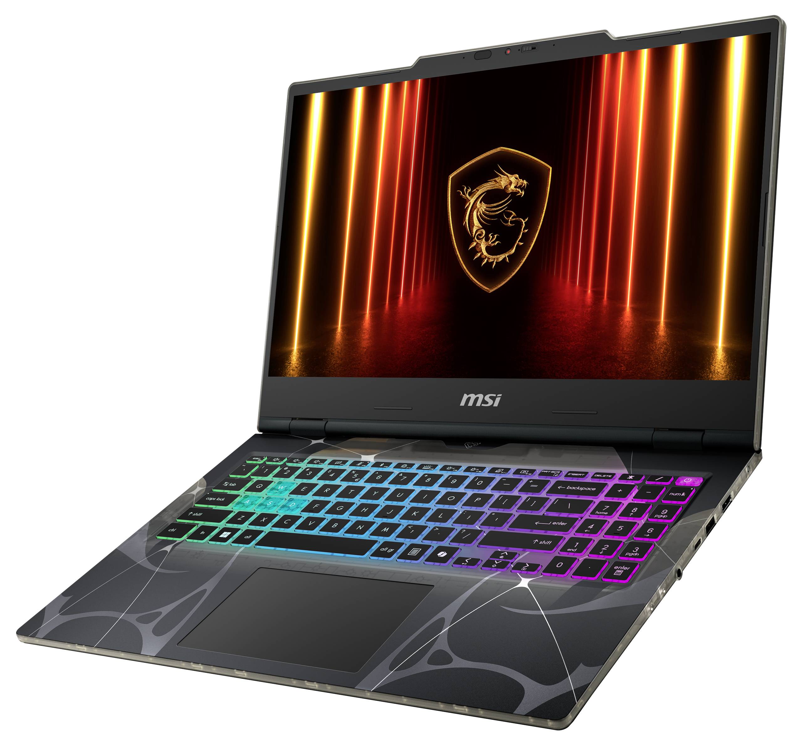 Ein Gaming-Laptop mit einer beleuchteten, mehrfarbigen Tastatur und einem leuchtenden Drachen-Logo, das auf dem Bildschirm angezeigt wird, vor einem dunklen Hintergrund.