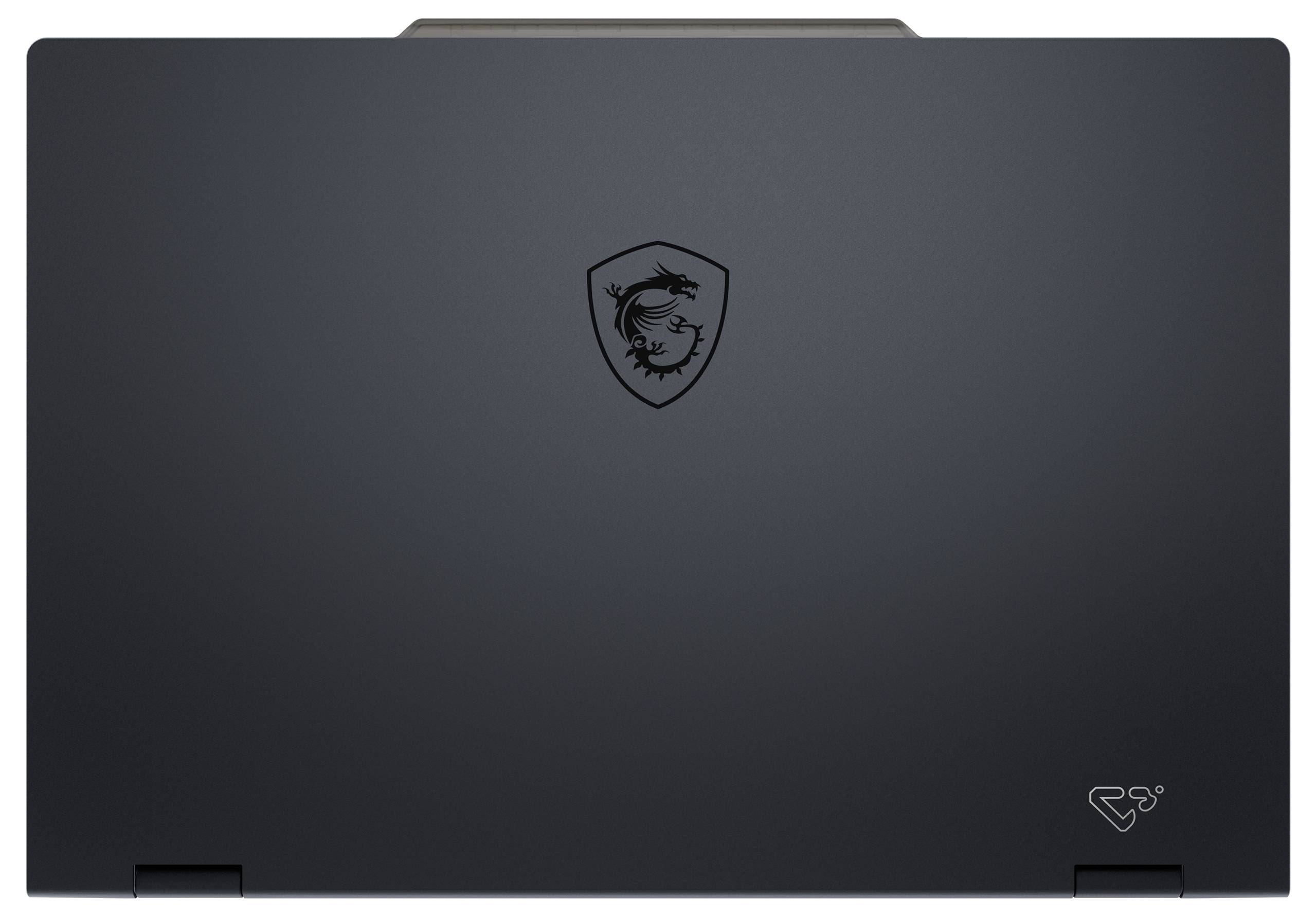 Ein Laptop mit einem geschlossenen, matten schwarzen Deckel, der ein stilisiertes Drachenlogo und ein kleines Recycling-Symbol in der Ecke trägt.