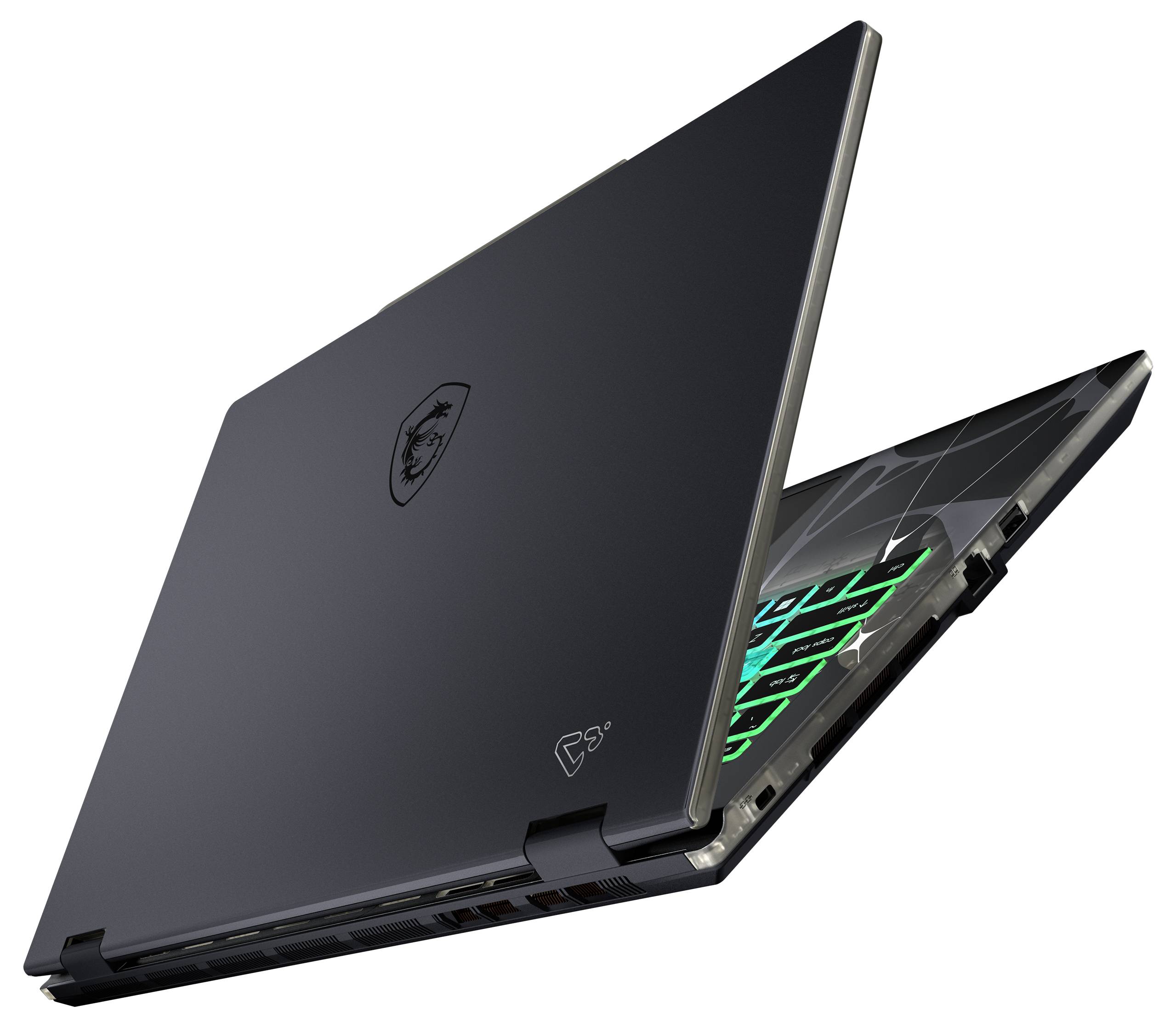 Ein teilweise geöffneter Laptop mit einer leuchtenden Tastatur. Das Gehäusedeckel ziert ein Logo mit einem Drachen. Das Design wirkt schlank und modern.