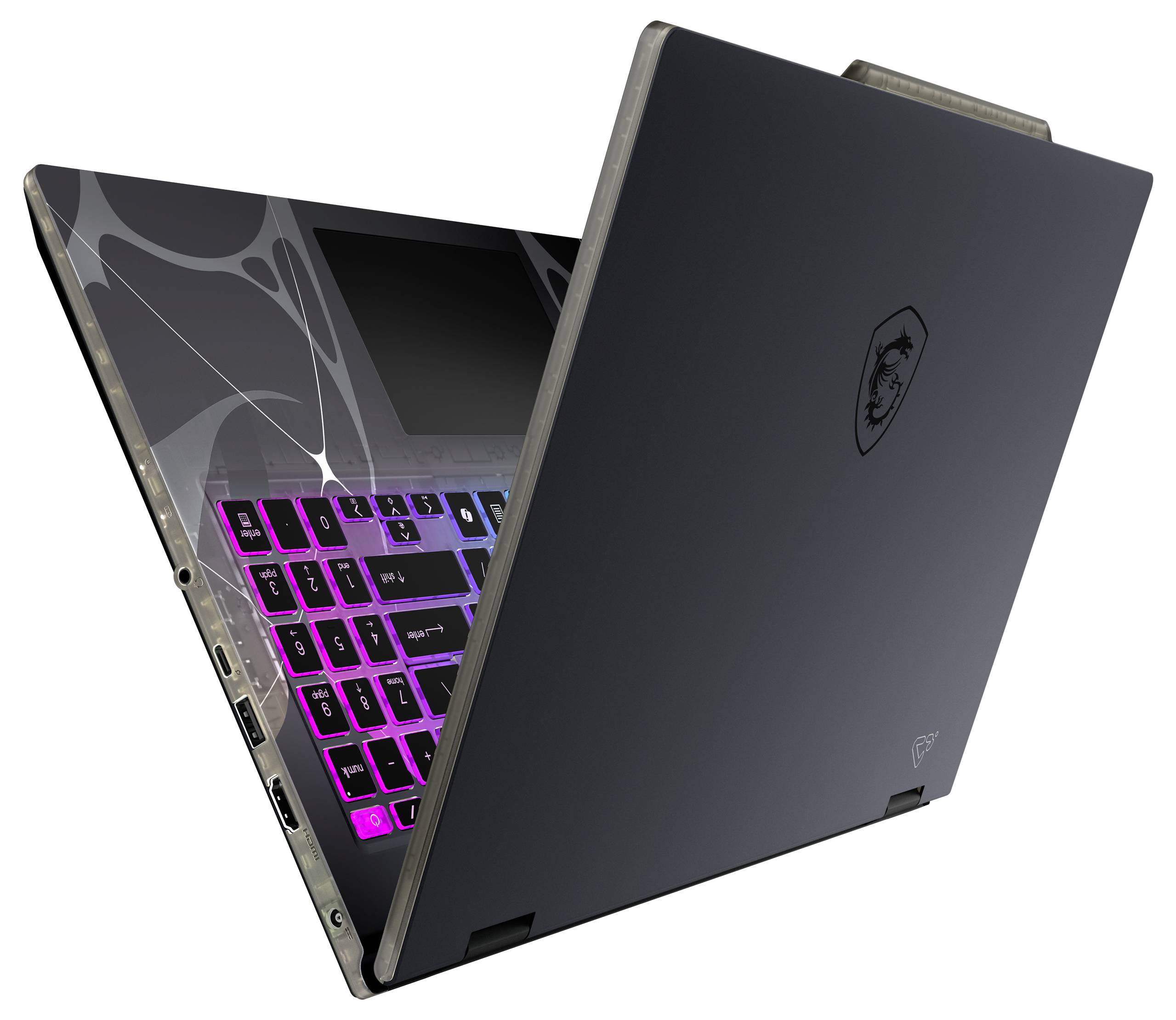 Ein teilweise geöffneter Laptop mit einer sichtbaren, beleuchteten Tastatur, die violette und rosa Lichter zeigt. Der Laptop hat ein schlankes schwarzes Design.