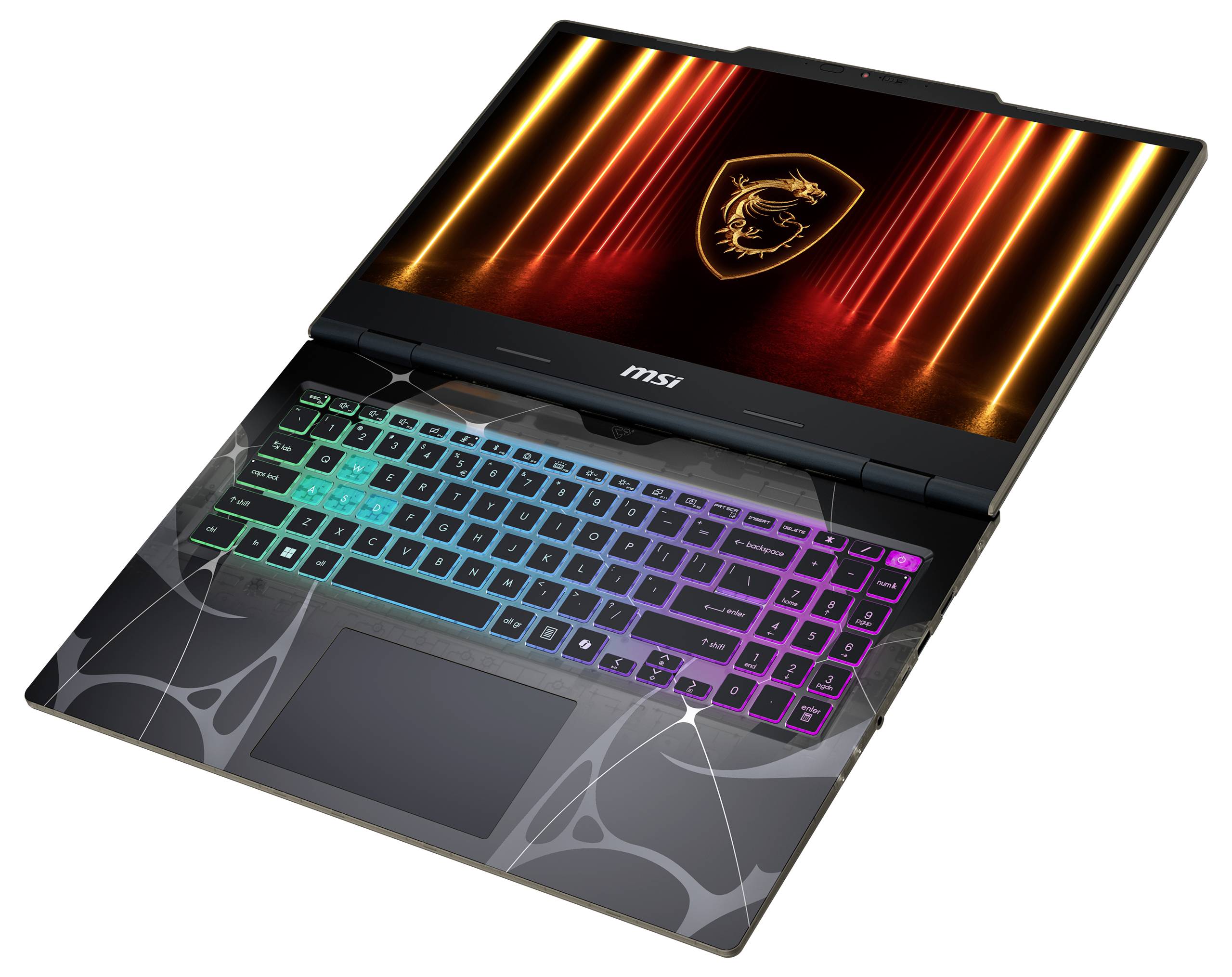 MSI-Gaming-Laptop mit beleuchteter, farbenfroher Tastatur und einem MSI-Drachen-Logo auf dem Bildschirm. Hintergrund zeigt orangefarbene Lichtstreifen.