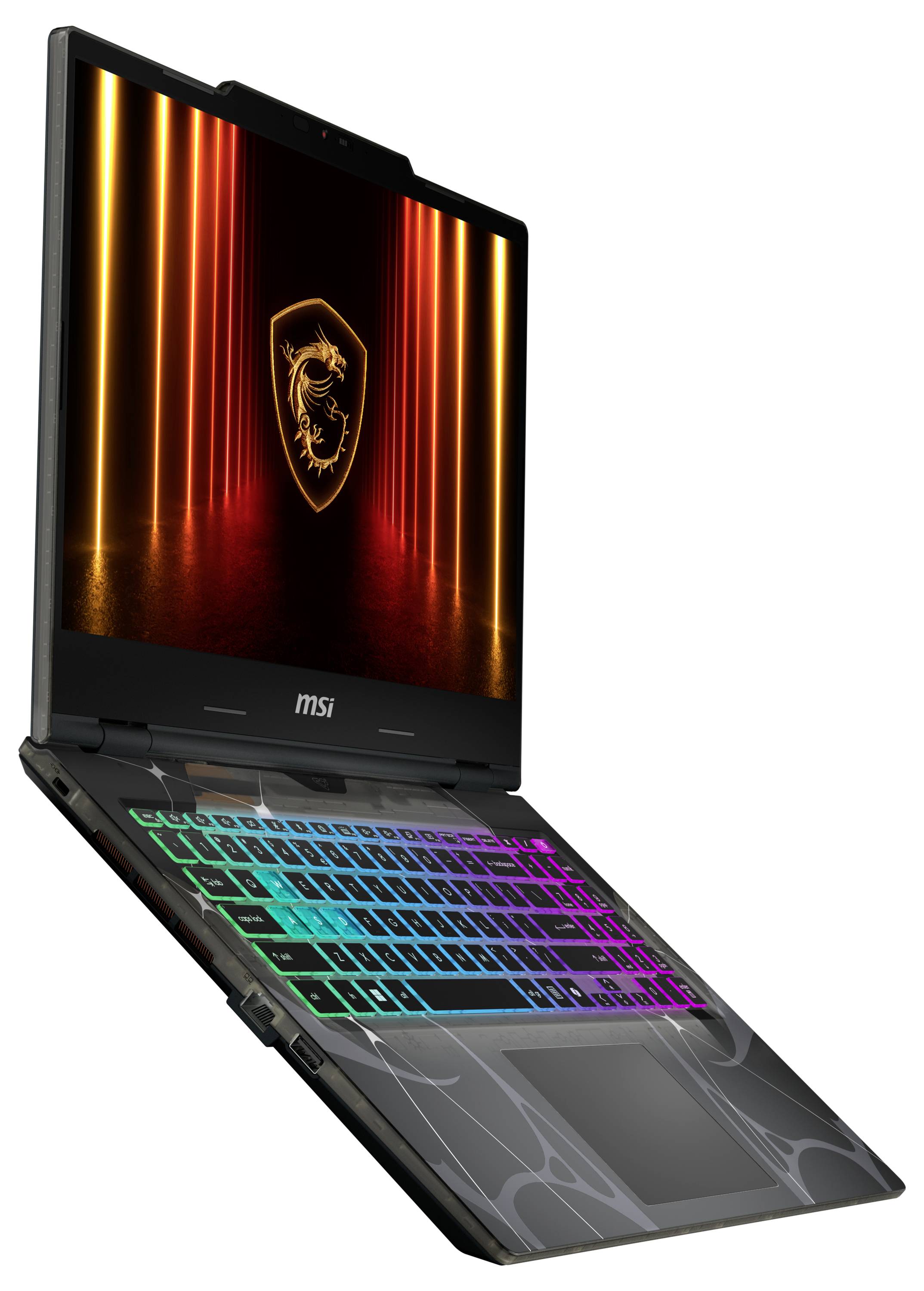 Ein Gaming-Laptop mit einer beleuchteten Tastatur, auf dessen Bildschirm das MSI-Logo zu sehen ist.
