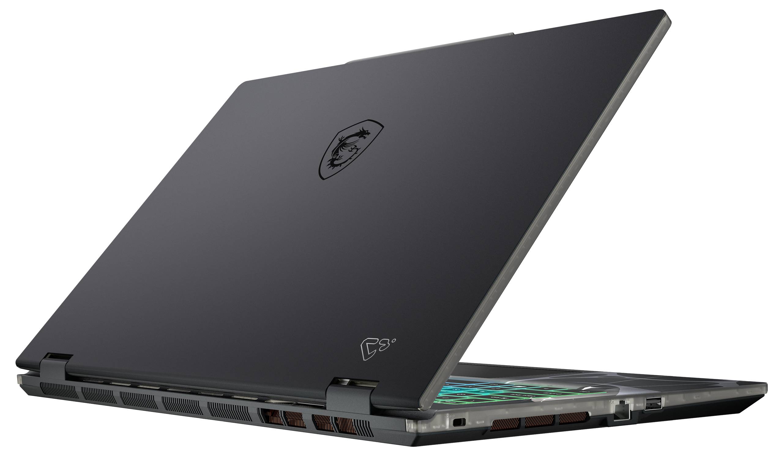 Ein schwarzer Laptop, teilweise von der Seite geöffnet, mit einem Logo auf dem Deckel und einer leuchtenden Tastatur.