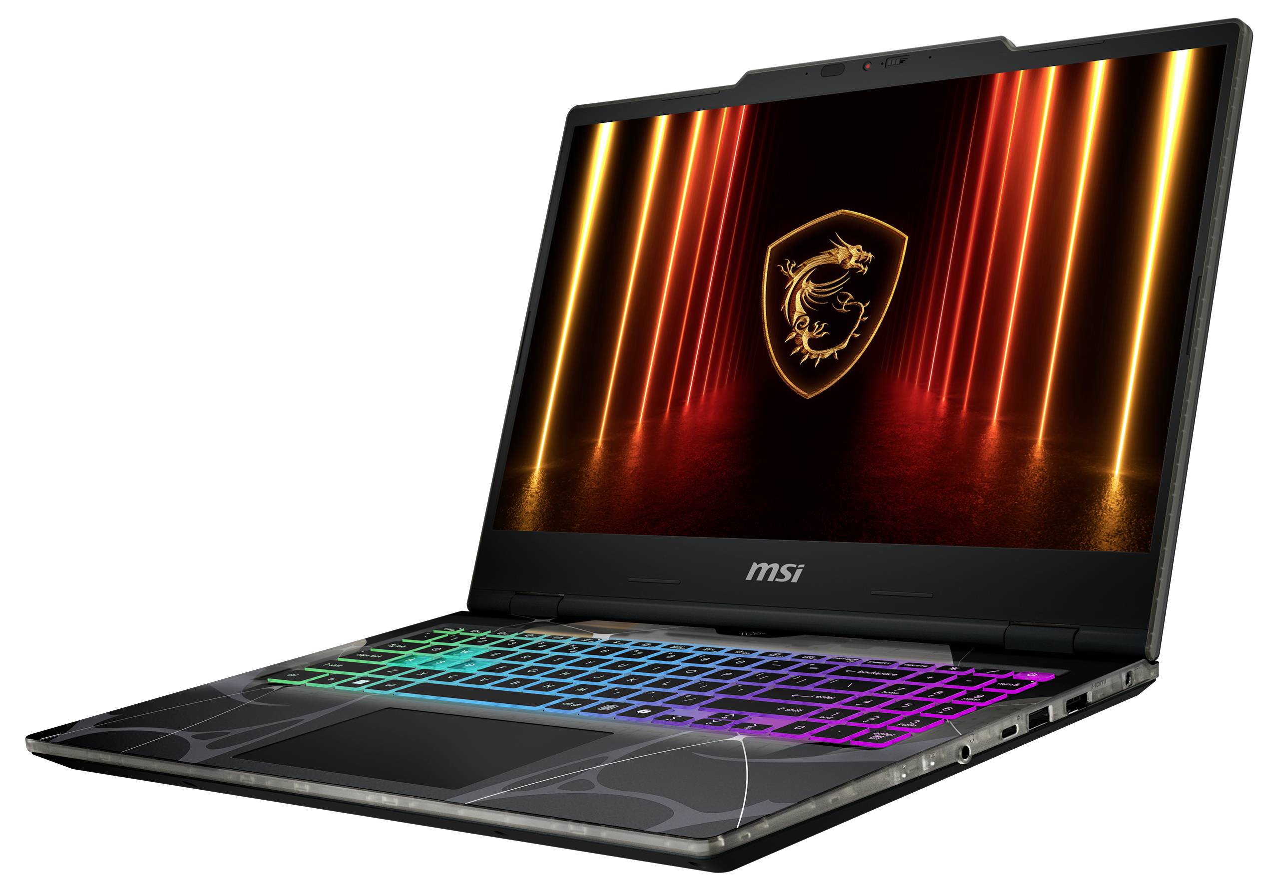 Ein Gaming-Laptop mit einem leuchtenden Logo auf dem Bildschirm und einer farbig beleuchteten Tastatur.