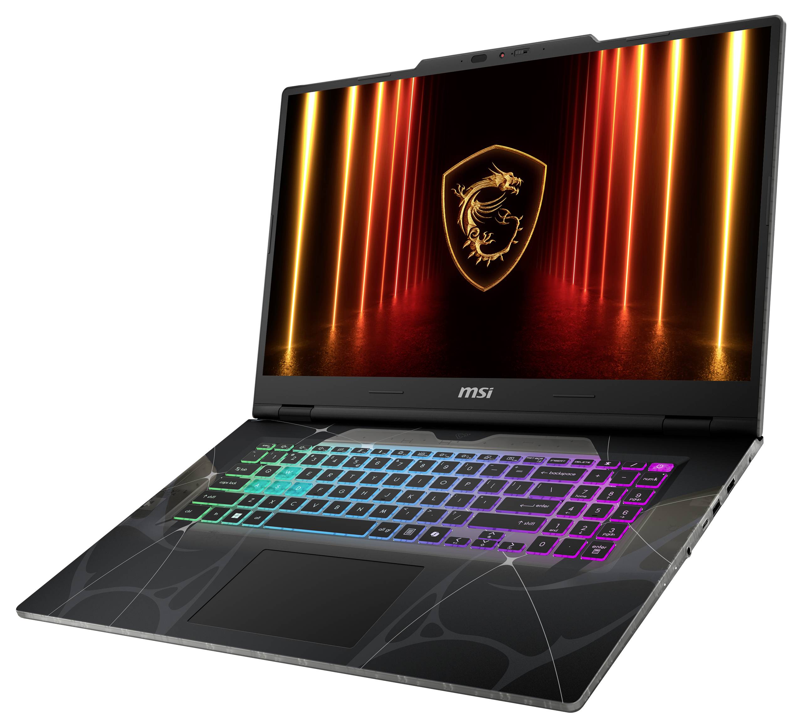 Ein Gaming-Laptop mit einer bunt hintergrundbeleuchteten Tastatur und einem Bildschirm, der ein Drachen-Logo mit lebendigen orange- und rotfarbenen Lichteffekten zeigt.