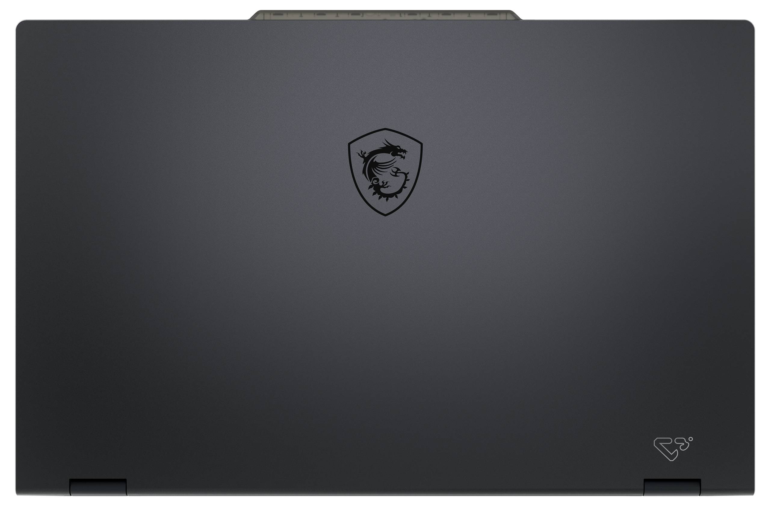 Schlanker schwarzer Laptopdeckel mit Drachen-Emblem und kantigem Design, der moderne Technologie und Stärke andeutet.