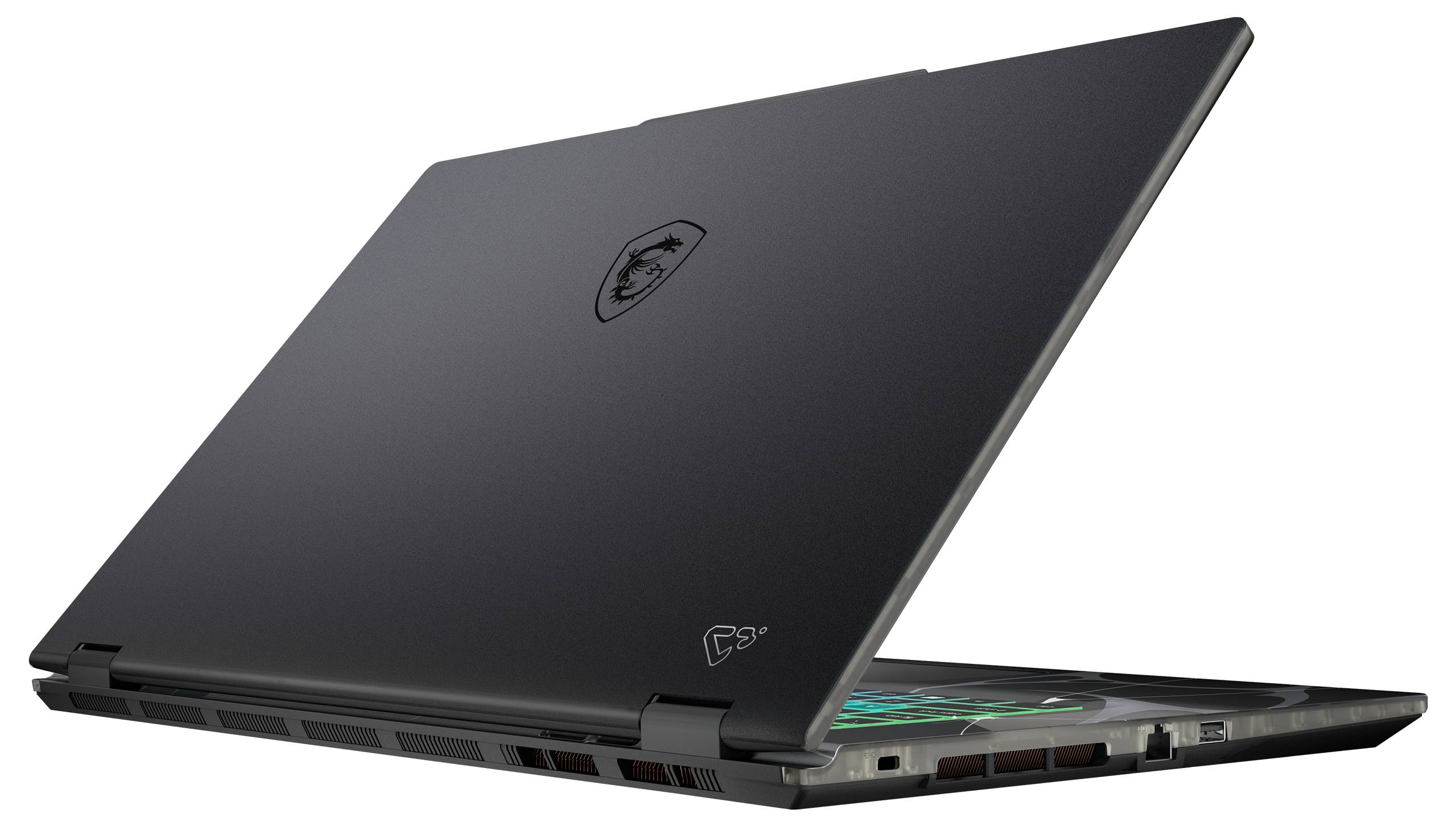 Ein schwarzer Laptop mit geschlossener Klappe, auf dessen Mitte ein Schildlogo zu sehen ist und dessen Tastaturbeleuchtung darunter sichtbar hindurchschimmert.