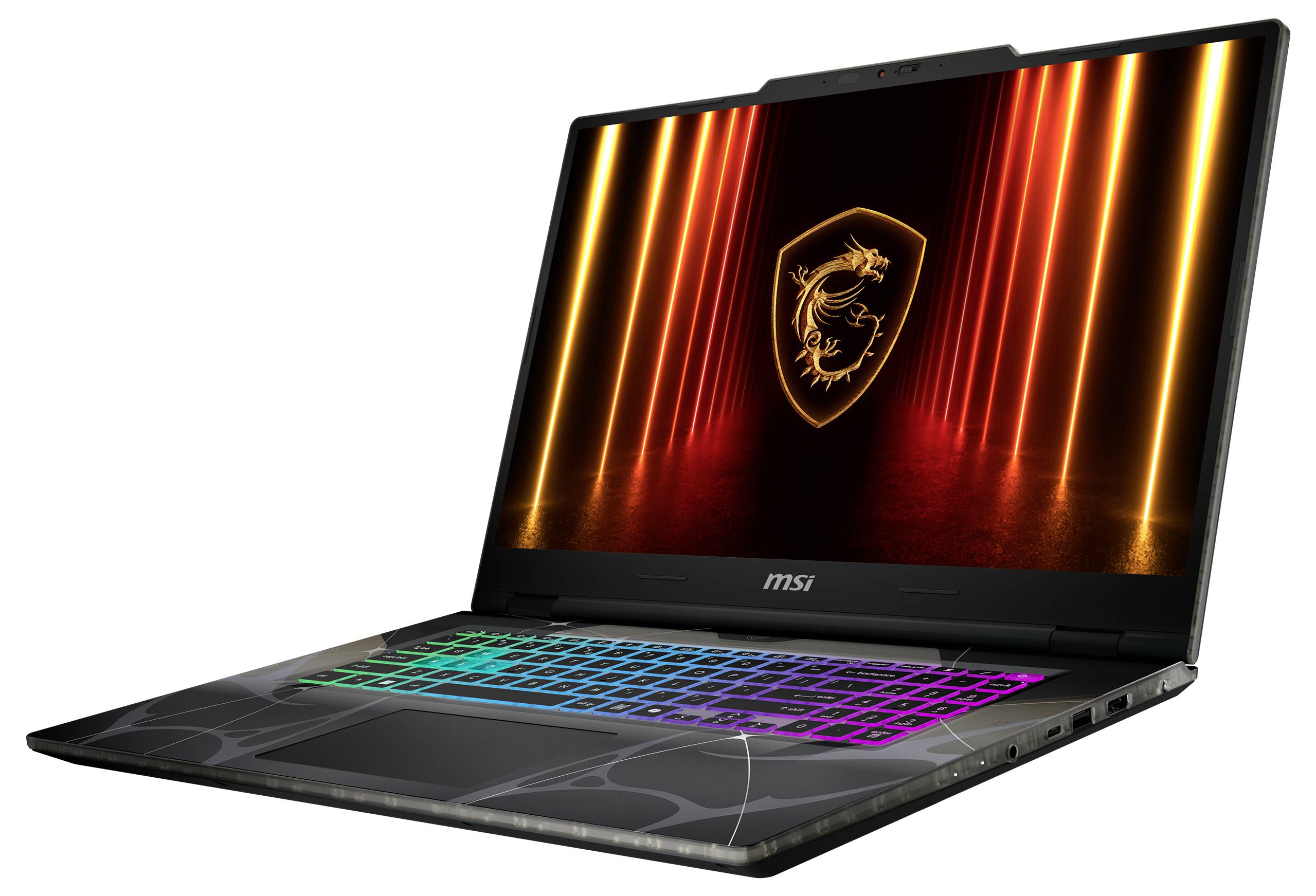 Ein Gaming-Laptop mit einem leuchtenden MSI-Drachenlogo auf dem Bildschirm, ausgestattet mit einer mehrfarbigen RGB-Tastatur.