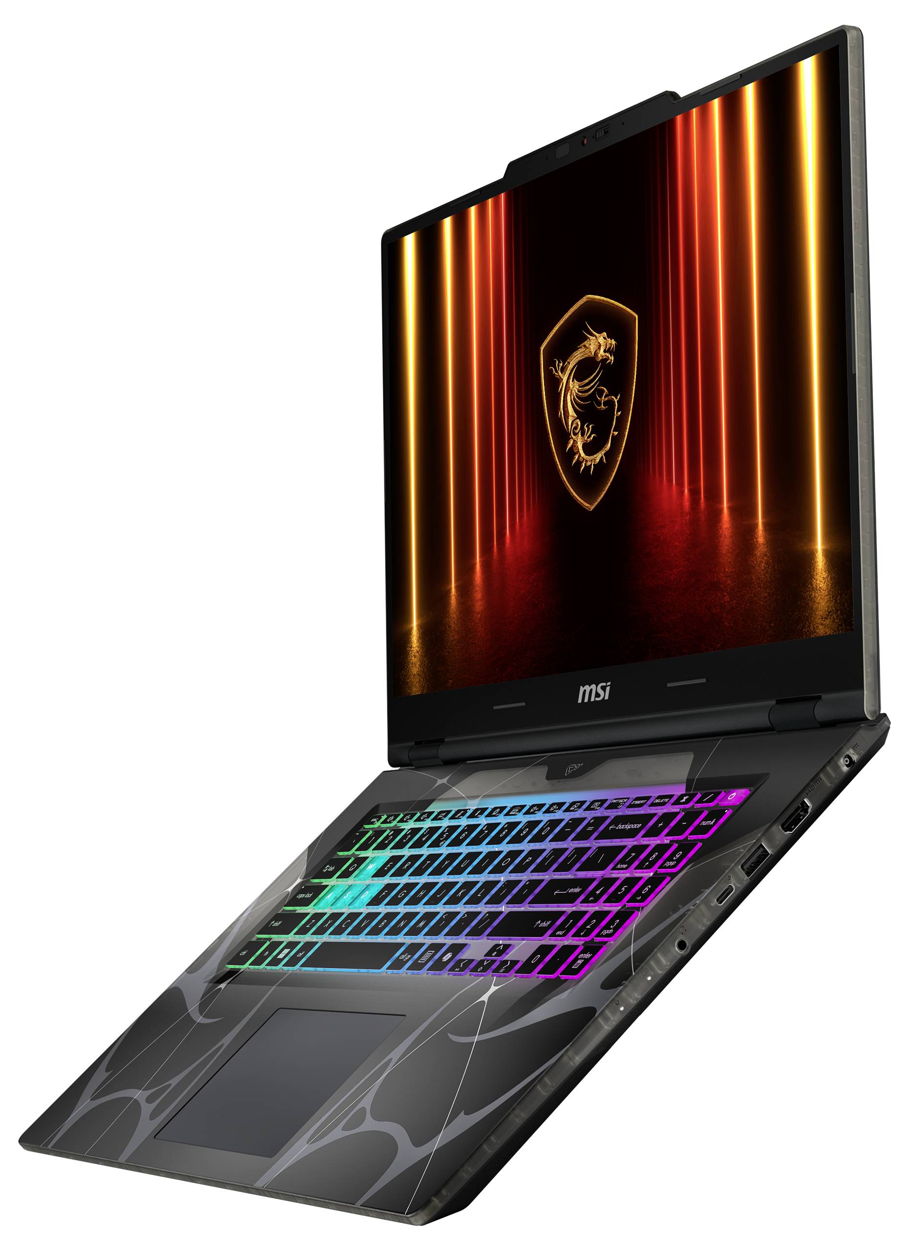 Gaming-Laptop mit beleuchteter RGB-Tastatur; Bildschirm zeigt MSI-Logo vor orangefarbenem gestreiftem Hintergrund.