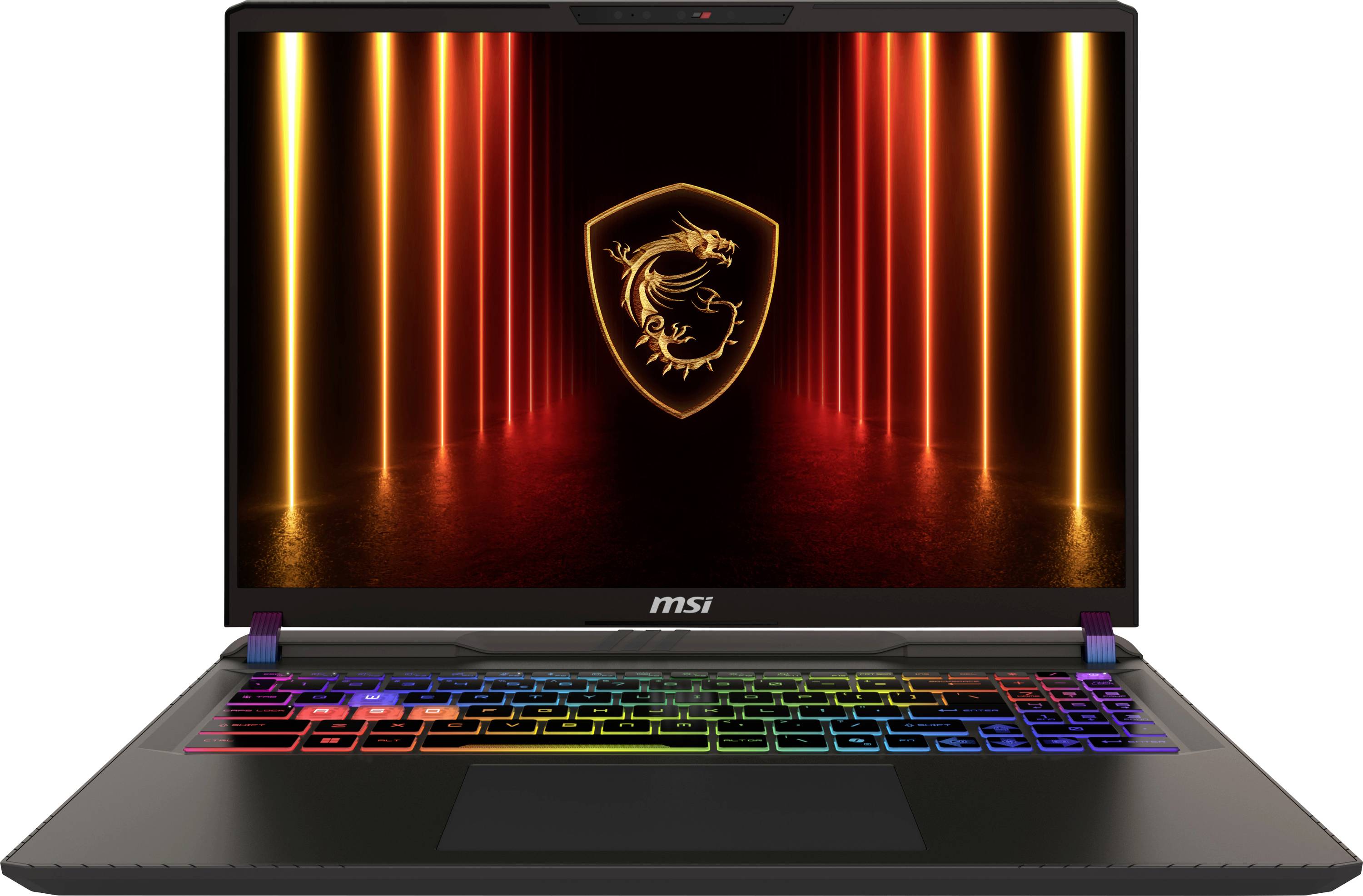 Ein Gaming-Laptop mit einer farbenfrohen beleuchteten Tastatur und einem Drachen-Emblem auf dem Bildschirm, umgeben von beleuchteten rot-orangen Linien.