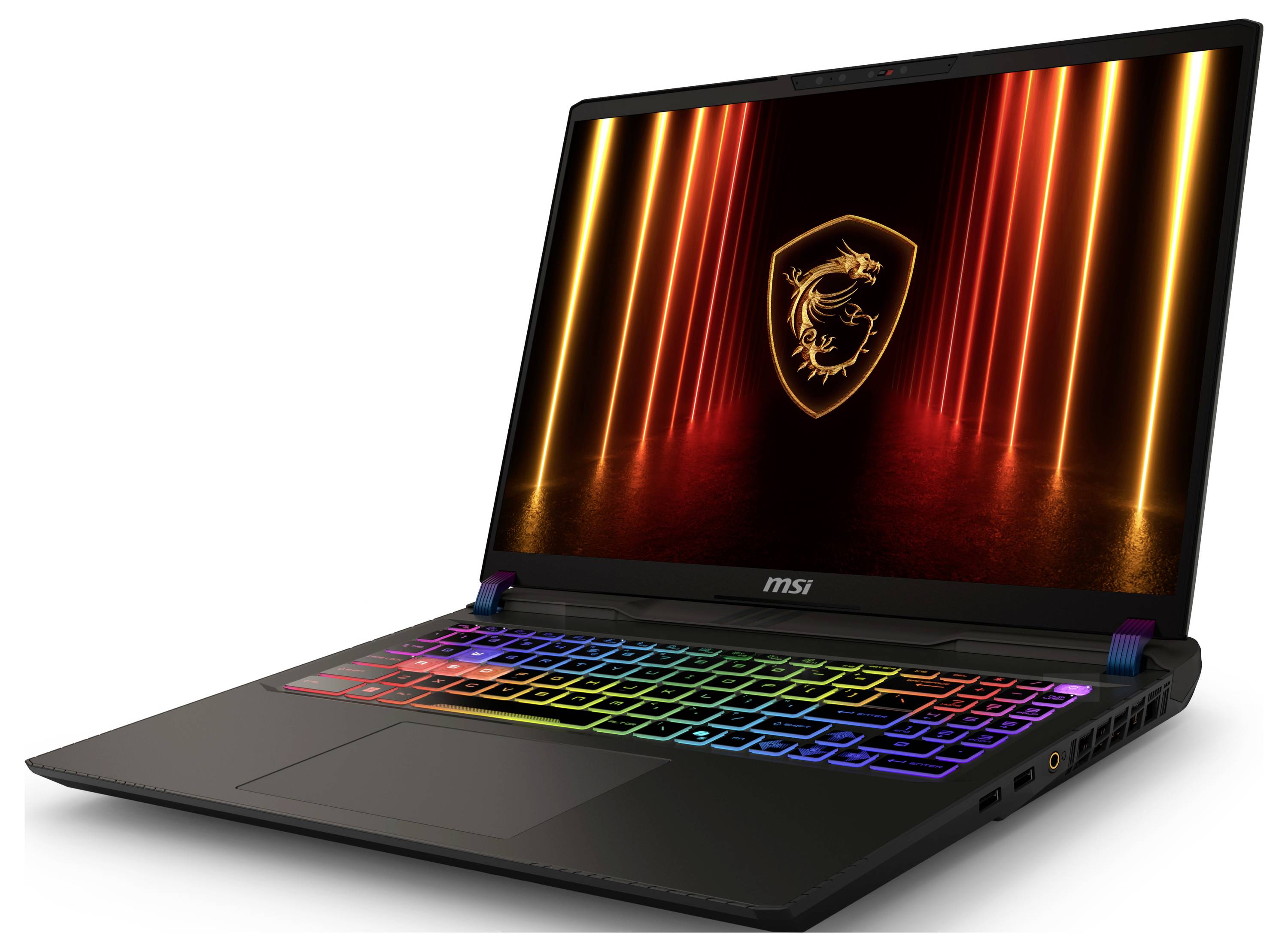 Ein Laptop mit einer leuchtenden RGB-Tastatur und einem Bildschirm, der ein feuriges Drachenemblem vor einem dunklen Hintergrund zeigt.