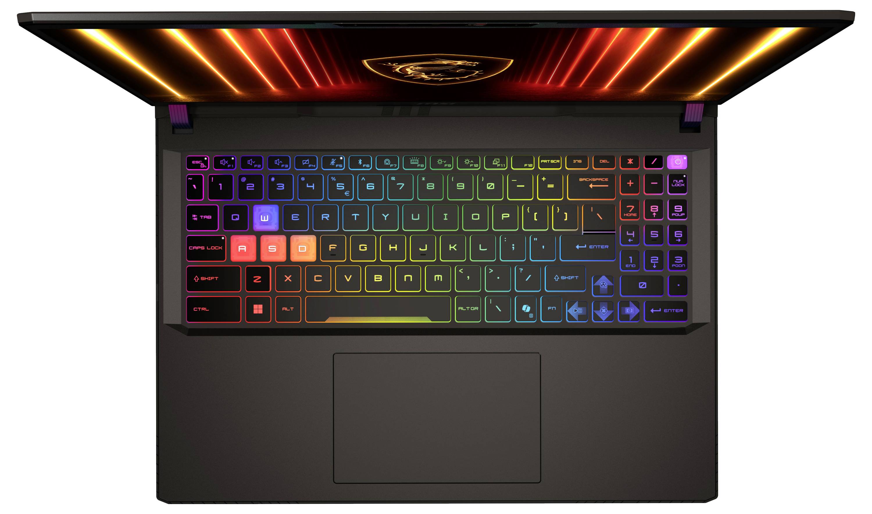 Ein Laptop mit geöffnetem Deckel, der eine farbenfrohe hinterleuchtete Tastatur zeigt. Die Tasten leuchten in einem Spektrum von Regenbogenfarben und verstärken damit eine Gaming-Ästhetik.