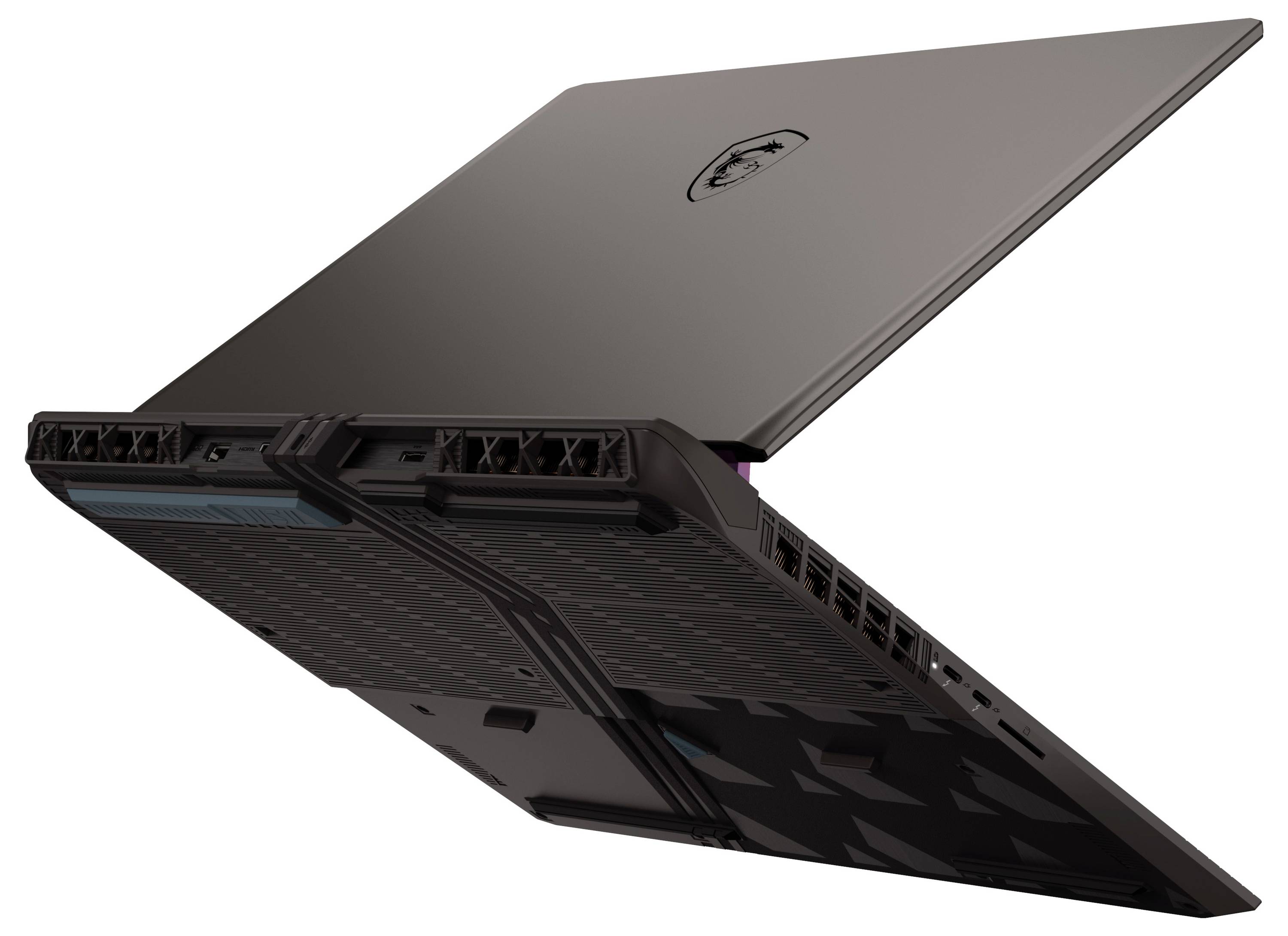 Ein schlanker, moderner Laptop mit schwarzer Außenseite und einem Logo auf dem Deckel, aufgenommen aus einem dynamischen Winkel, der sein dünnes Design hervorhebt.