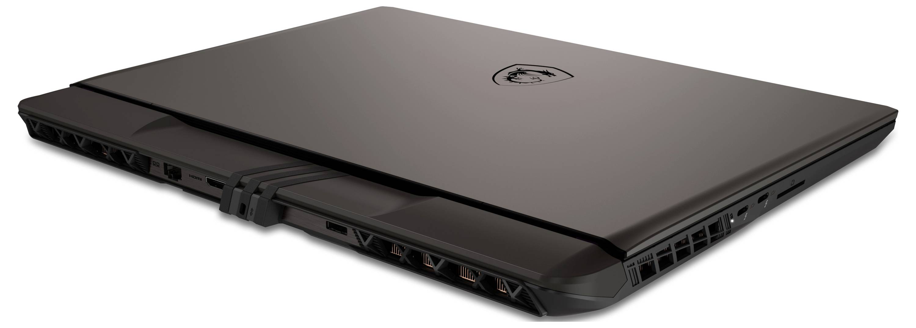 Ein schlanker, geschlossener schwarzer Laptop mit einem Logo auf dem Deckel, der an seinen Seiten mehrere Anschlüsse und Lüftungsschlitze aufweist und ein modernes Design betont.