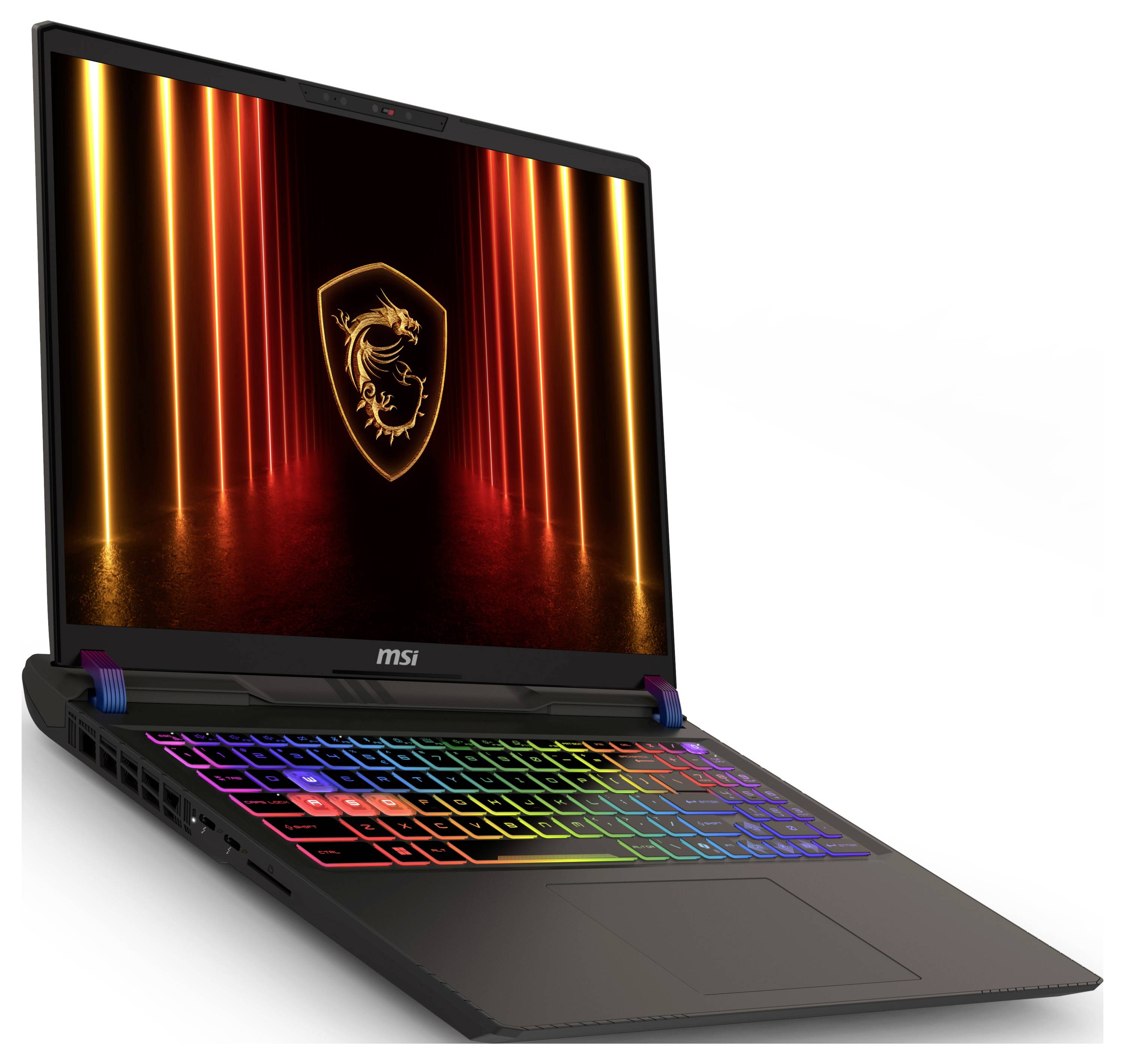 Ein schlanker Gaming-Laptop mit einer leuchtenden, mehrfarbigen Tastatur und einem prächtigen Drachen-Emblem auf dem Bildschirm vor einem orange-roten, lichtgestreiften Hintergrund.