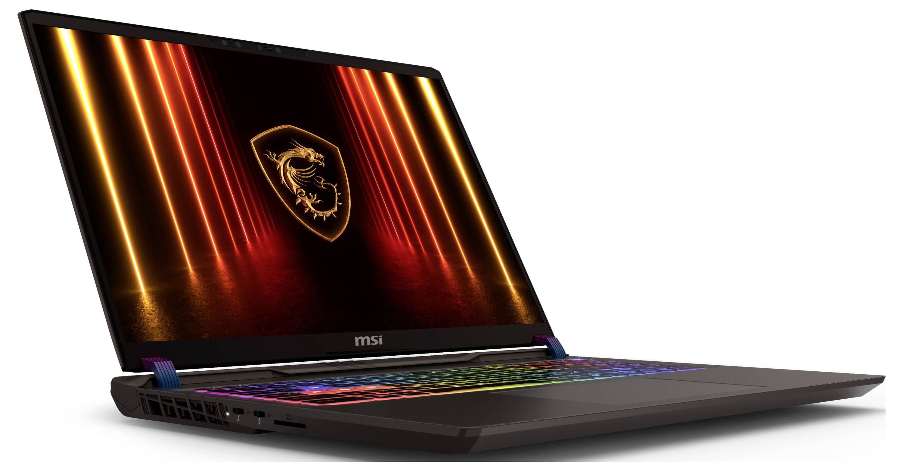 Ein schwarzer MSI-Gaming-Laptop ist geöffnet und zeigt ein Drachen-Logo auf dem Bildschirm. Die Tastatur ist mit Mehrfarben-Hintergrundbeleuchtung ausgestattet.