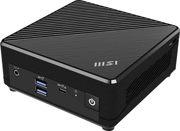 Ein kompakter MSI Mini-PC mit elegantem schwarzem Design. Er verfügt über USB-Anschlüsse, einen Kopfhöreranschluss an der Frontseite und einen Einschaltknopf.