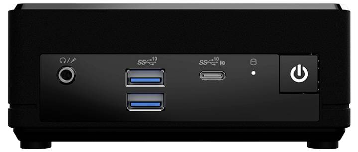 Ein kleines schwarzes elektronisches Gerät mit USB-Anschlüssen, einem Einschaltknopf und Kontrollleuchten auf der Vorderseite, höchstwahrscheinlich ein Mini-PC.