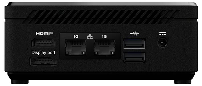 Ein rechteckiges Gerät, das seine Rückseite zeigt, mit zwei HDMI-Anschlüssen, einem DisplayPort, zwei Ethernet-Ports, zwei USB-Anschlüssen und einem Stromanschluss.