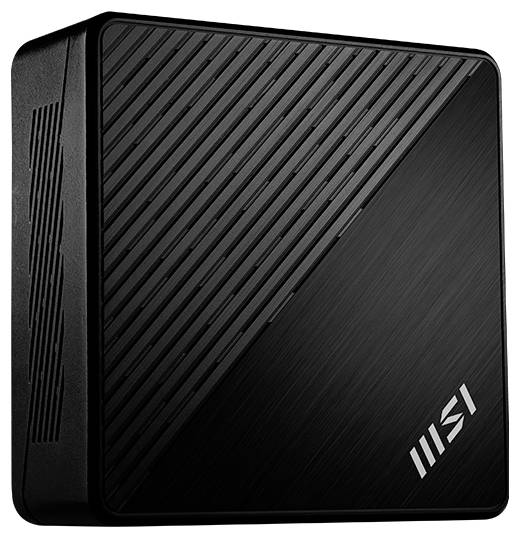 Ein schwarzer MSI Mini-PC mit diagonalen Linien auf der Oberseite und dem MSI-Logo in der unteren rechten Ecke.