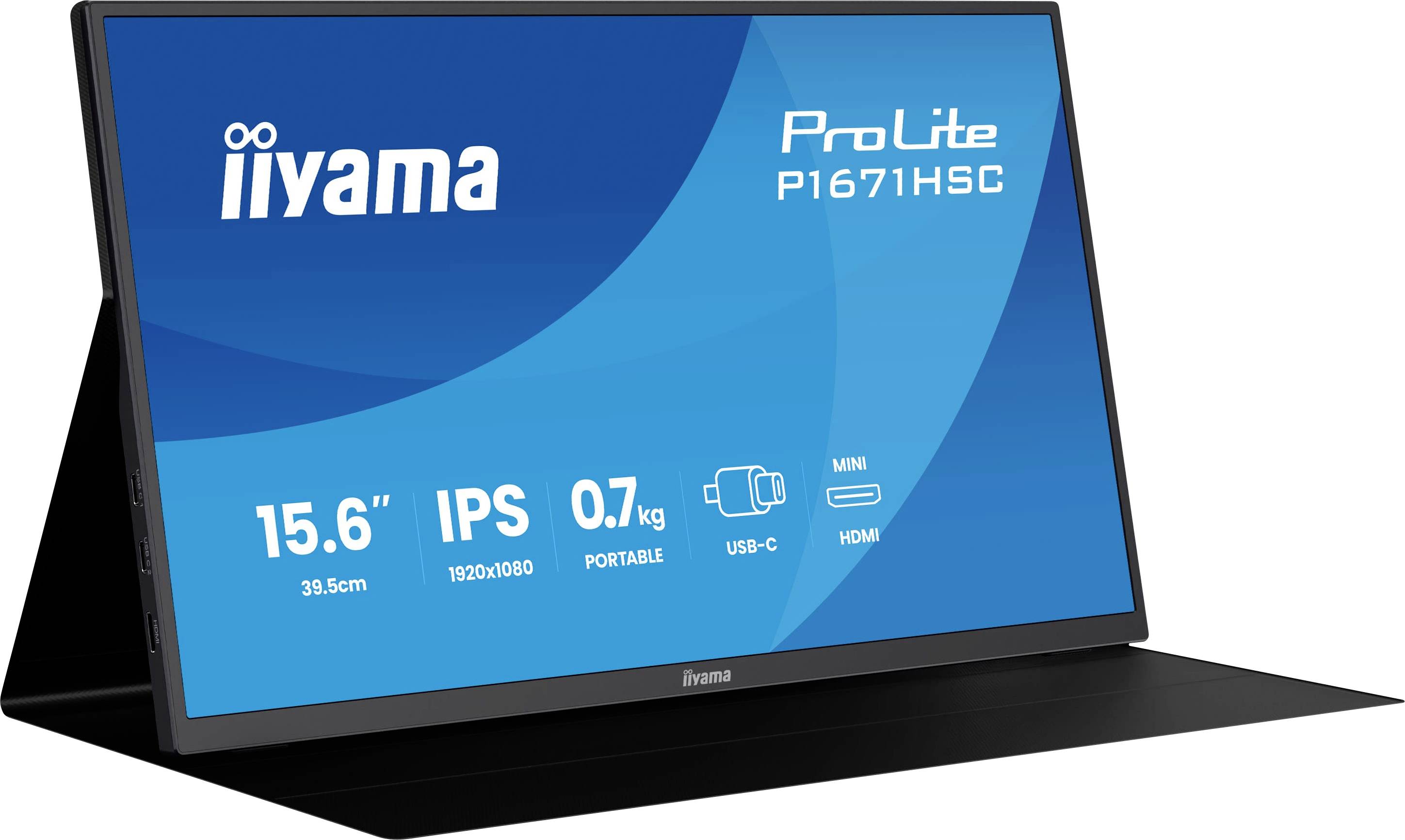 Tragbarer Monitor mit einem 15,6-Zoll-IPS-Display, 1920x1080 Auflösung und einem Gewicht von 0,7 kg. Ausgestattet mit USB-C und HDMI-Anschlüssen.