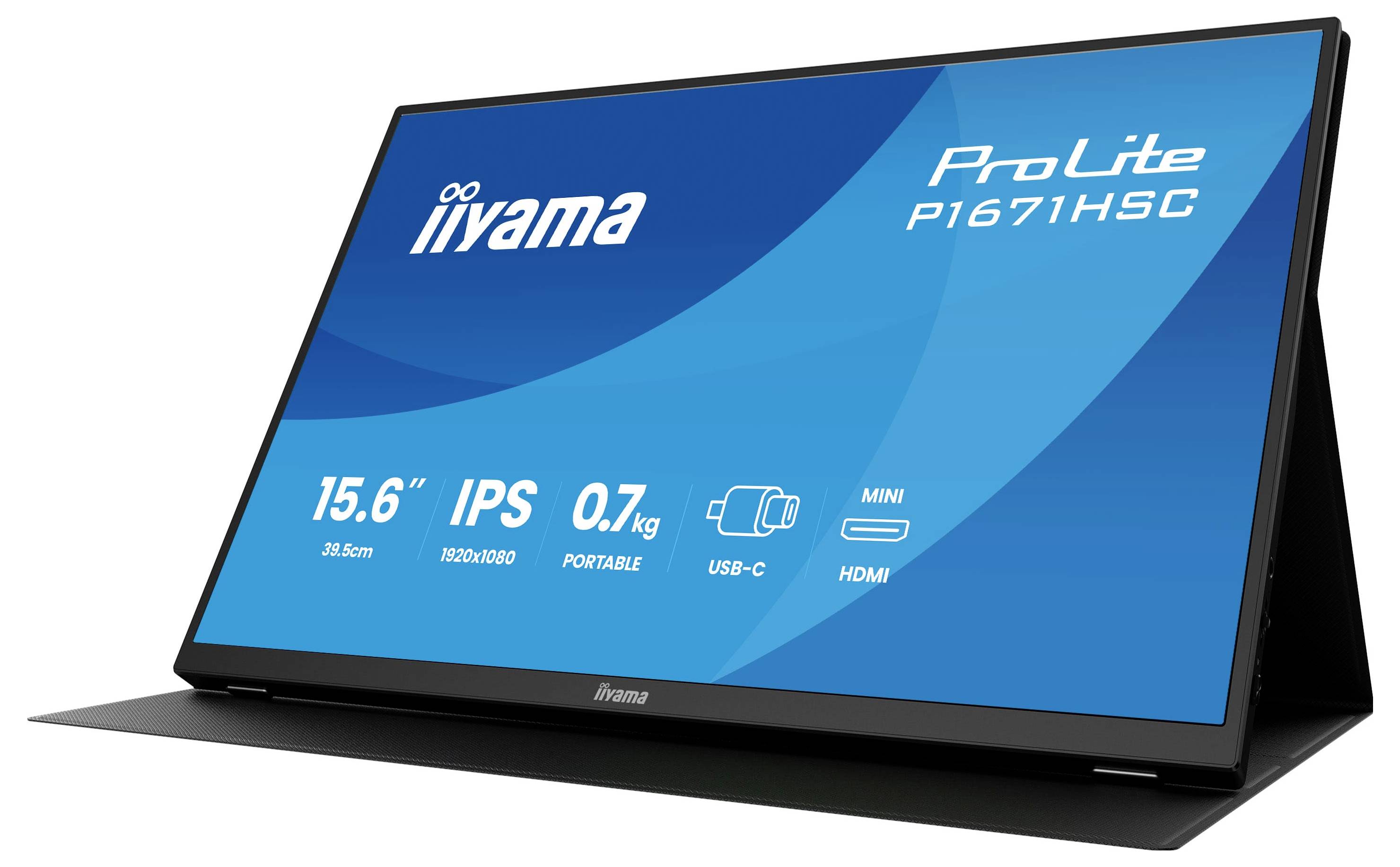 Tragbarer Monitor mit einem 15,6-Zoll-IPS-Display, gekennzeichnet als 'iiyama ProLite P1671HSC', mit einem Gewicht von 0,7 kg und Konnektivitätsoptionen über USB-C und Mini-HDMI.