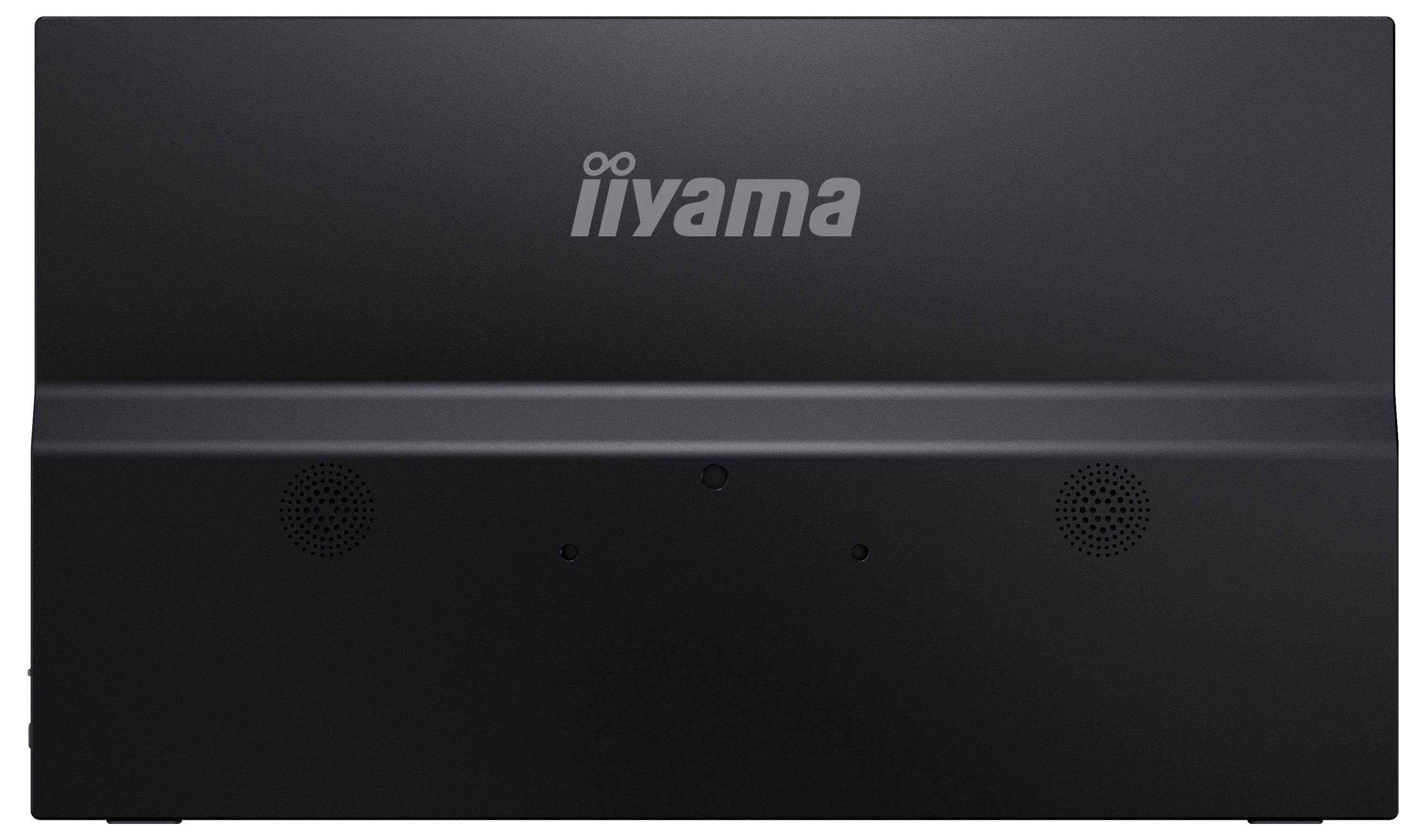 Rückansicht eines schwarzen iiyama-Monitors mit sichtbaren Lautsprechergittern und Logo mittig nahe dem oberen Rand.